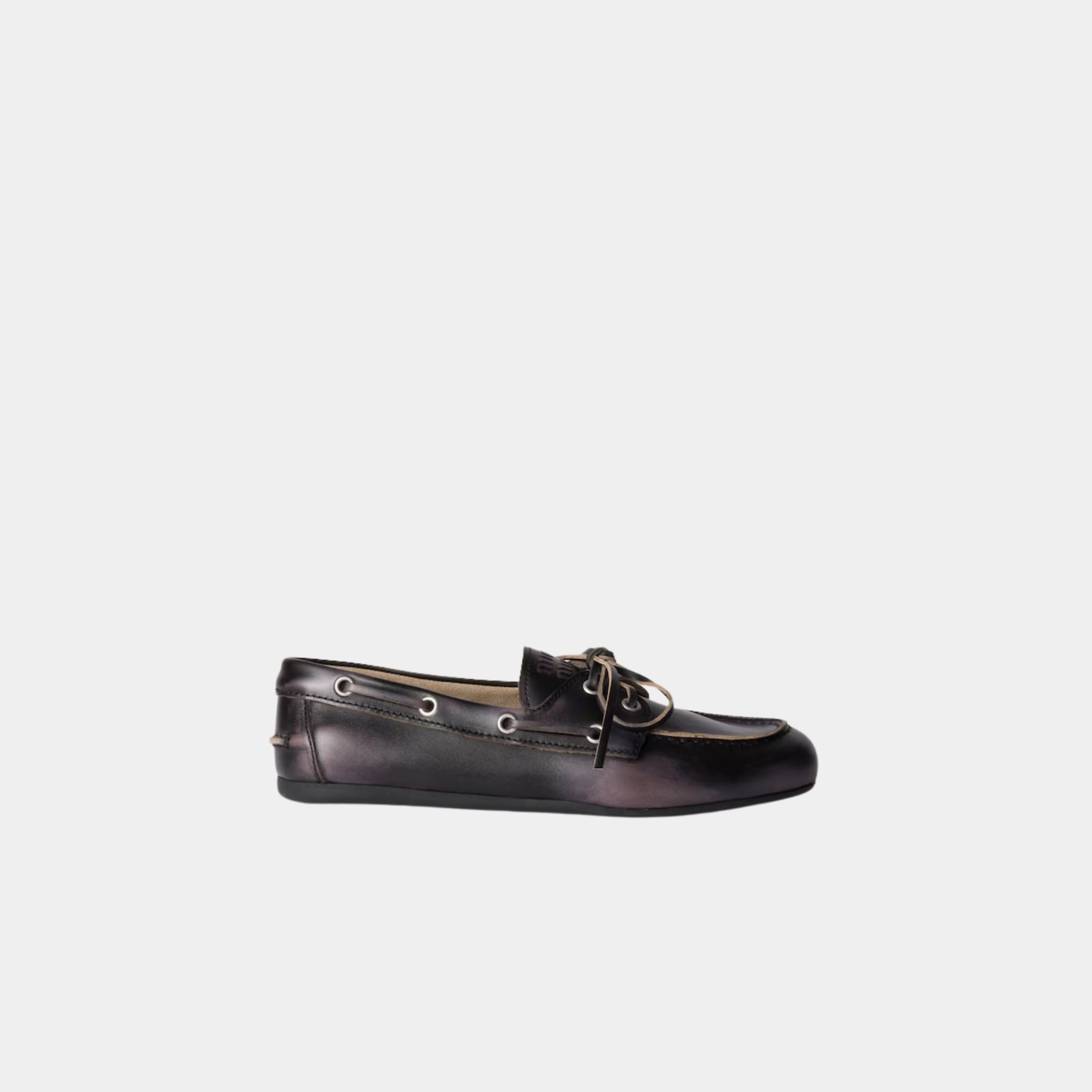 Miu Miu Unlined Bleached Leather Boat Shoes, Black, Side