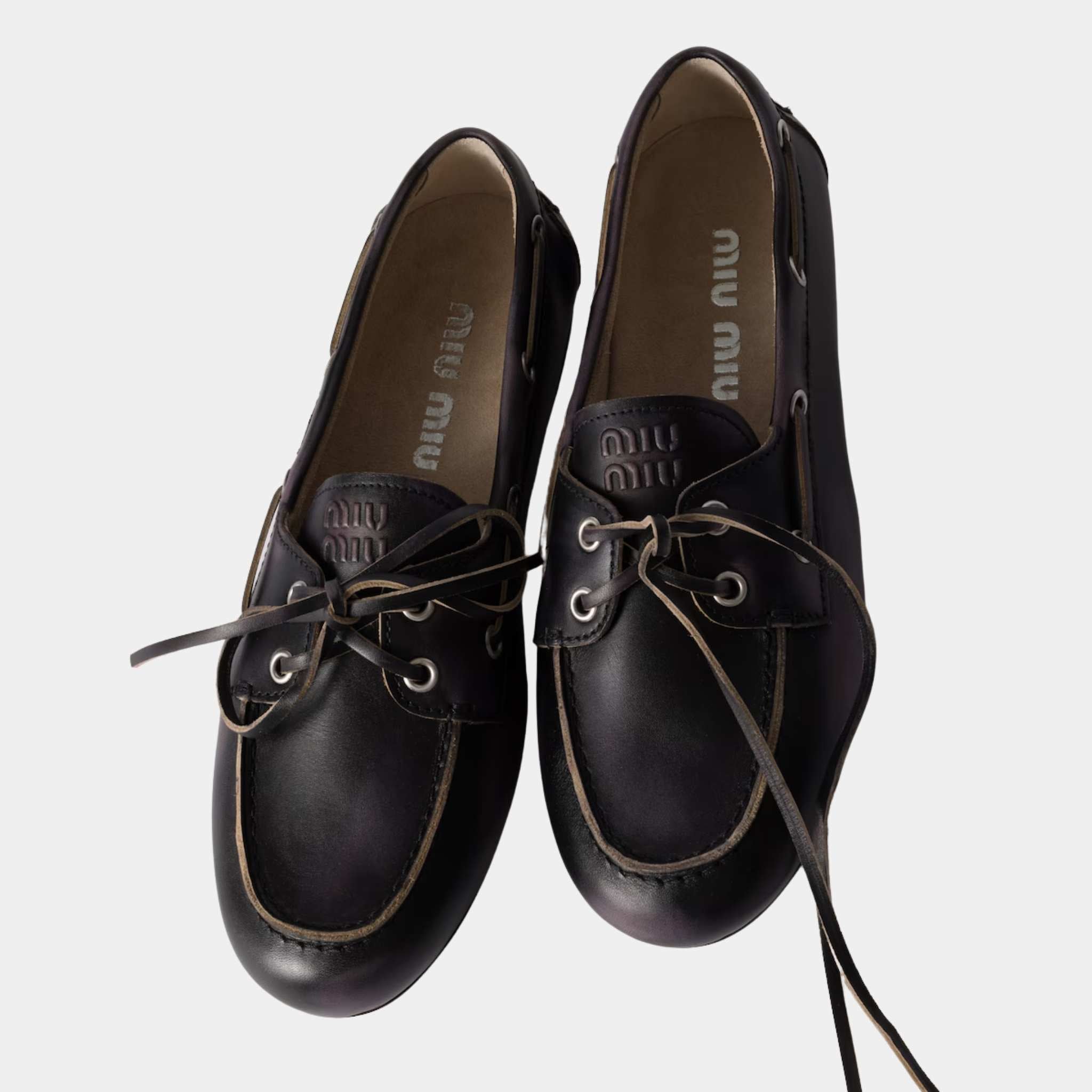 Miu Miu Unlined Bleached Leather Boat Shoes, Black, Top