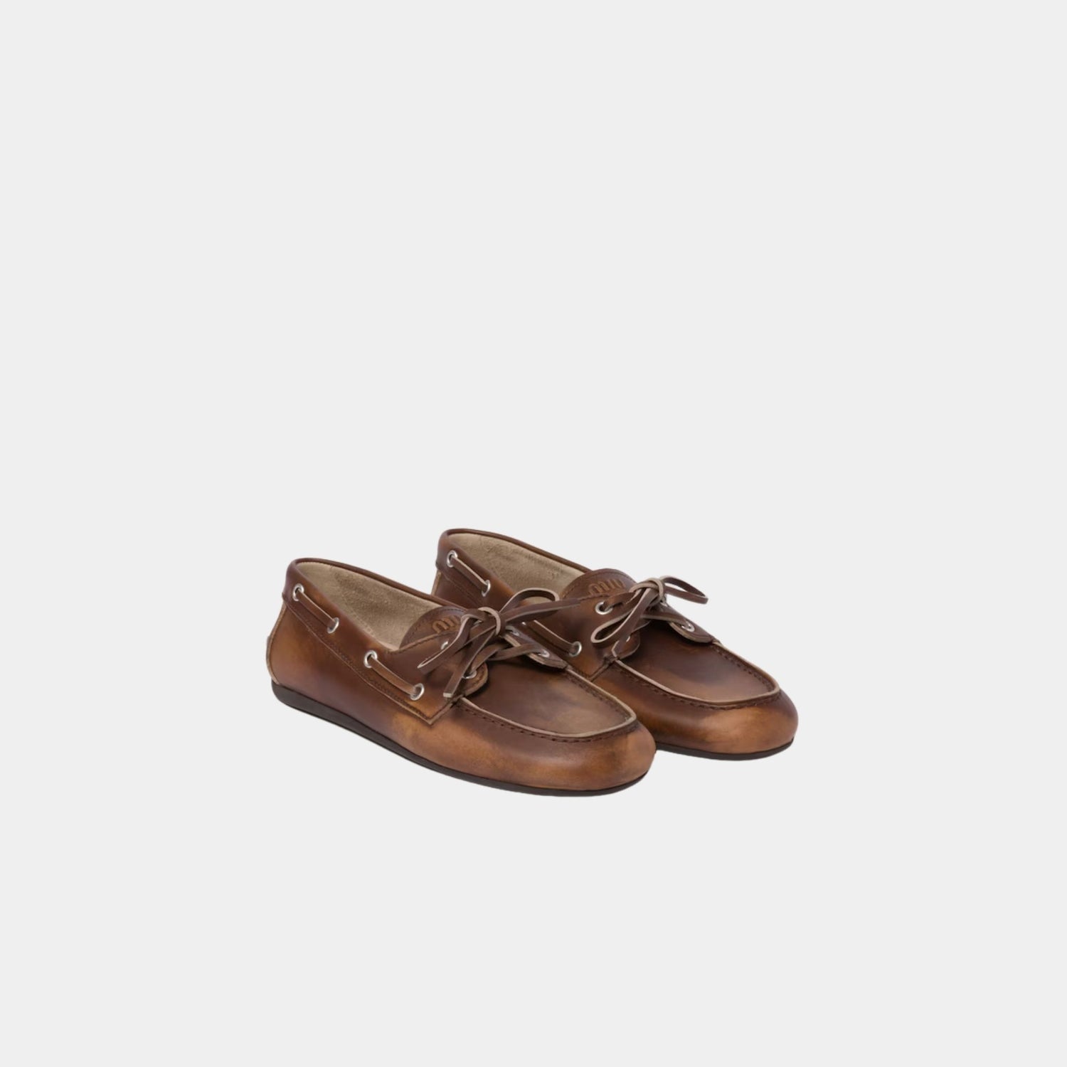 Miu Miu Unlined Bleached Leather Boat Shoes, Sienna, Front
