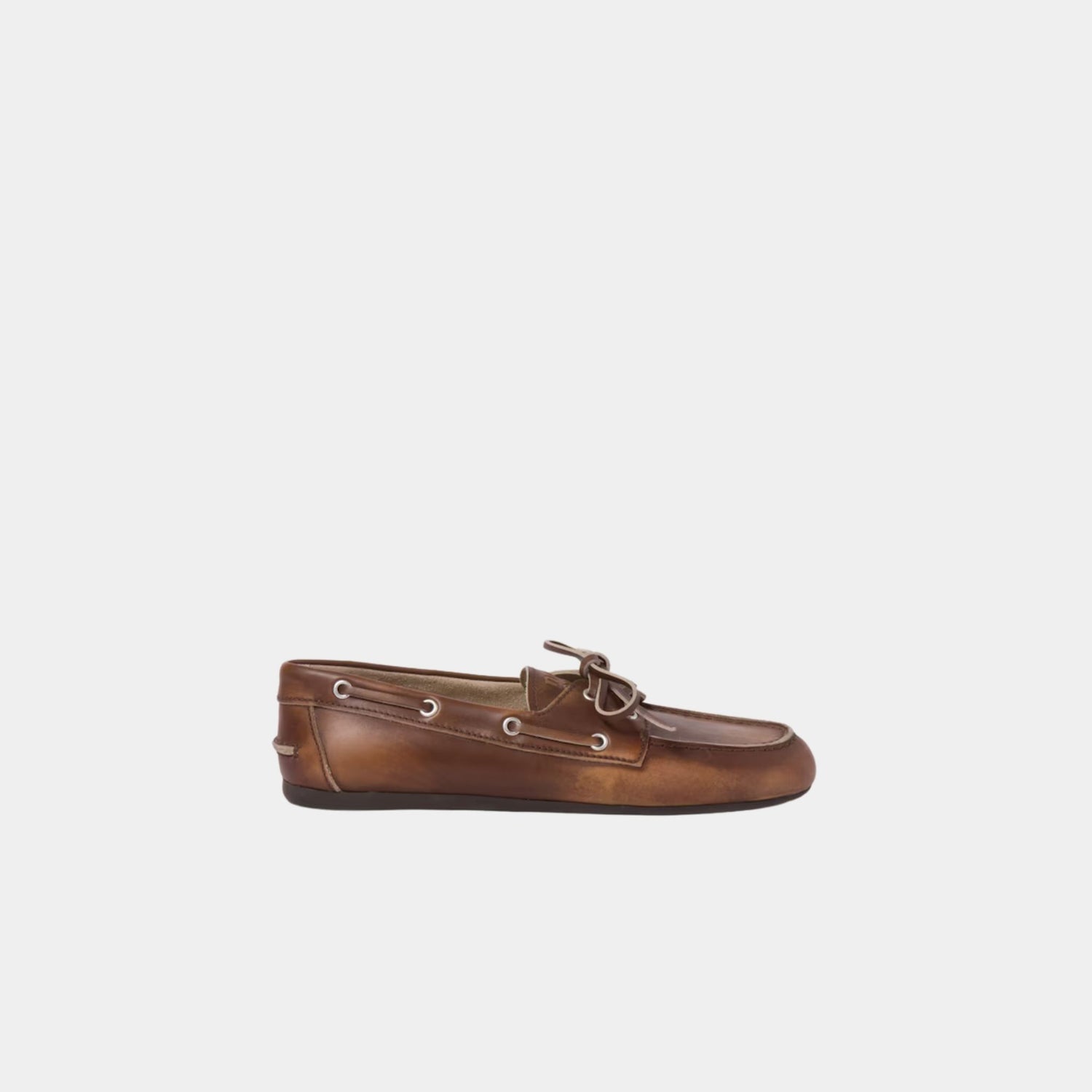 Miu Miu Unlined Bleached Leather Boat Shoes, Sienna, Side