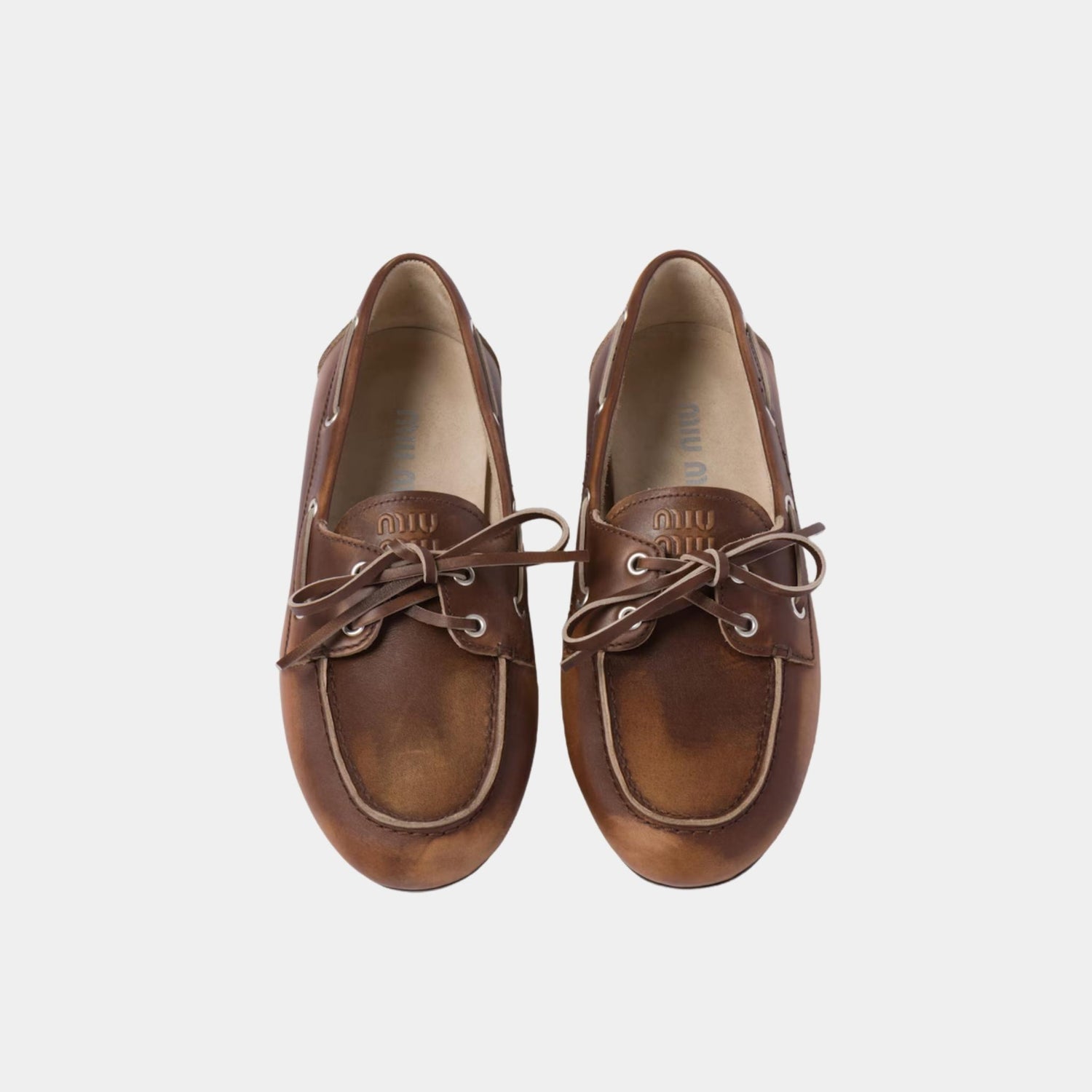 Miu Miu Unlined Bleached Leather Boat Shoes, Sienna, Top