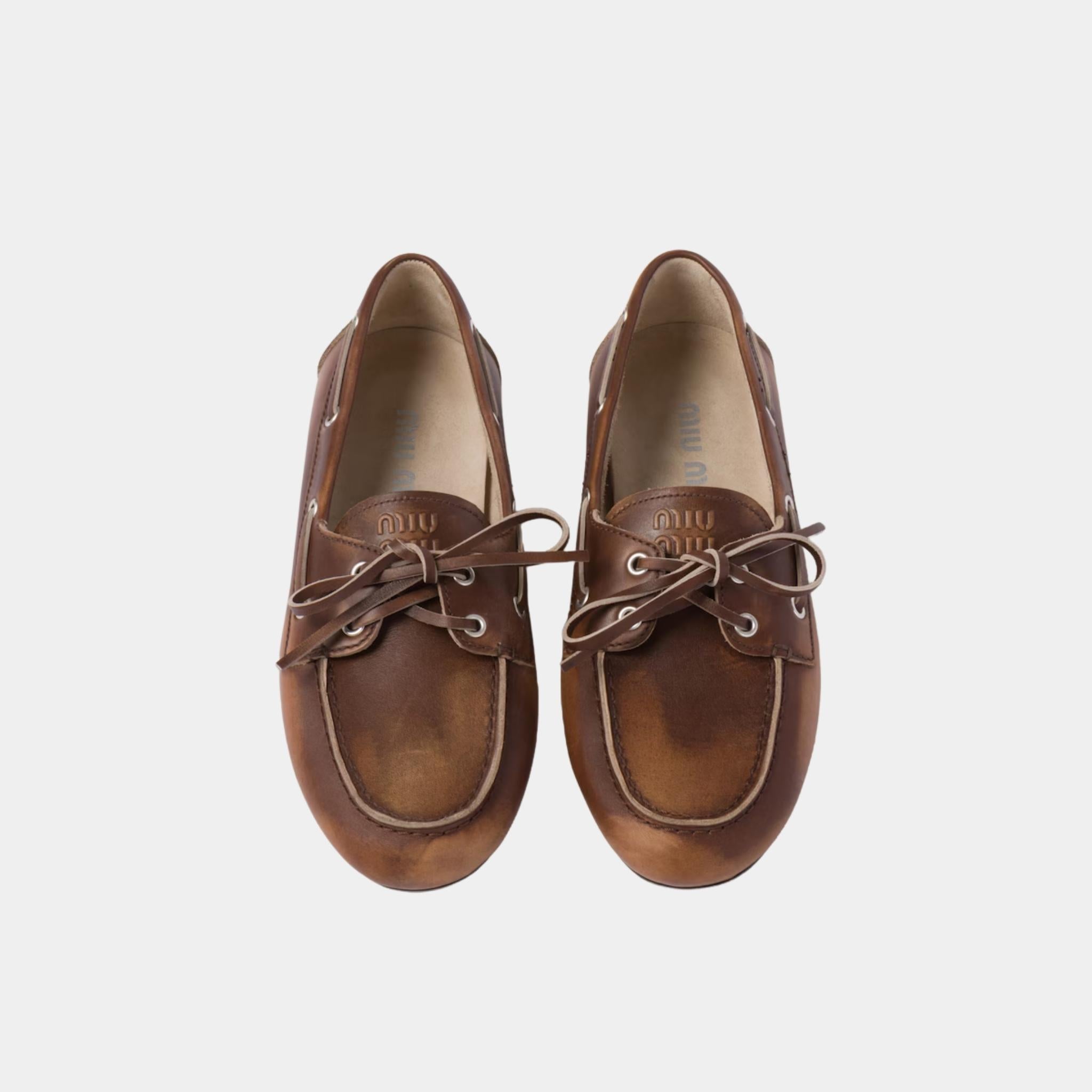 Miu Miu Unlined Bleached Leather Boat Shoes, Sienna, Top