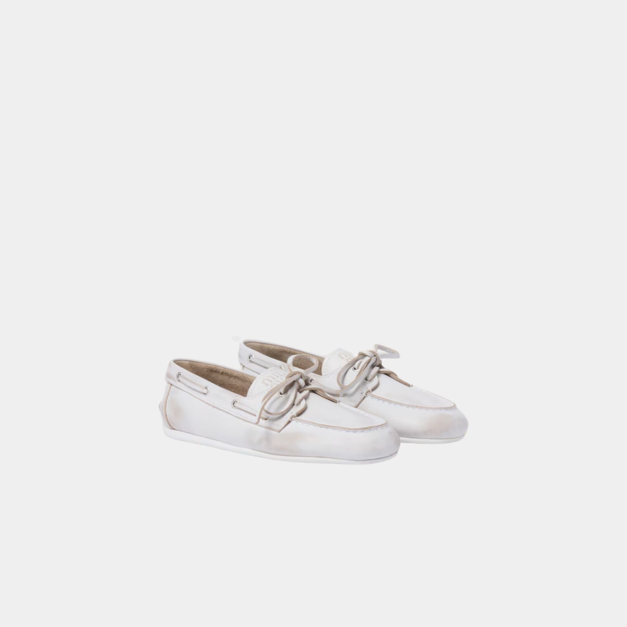 Miu Miu Unlined Bleached Leather Boat Shoes, White, Front