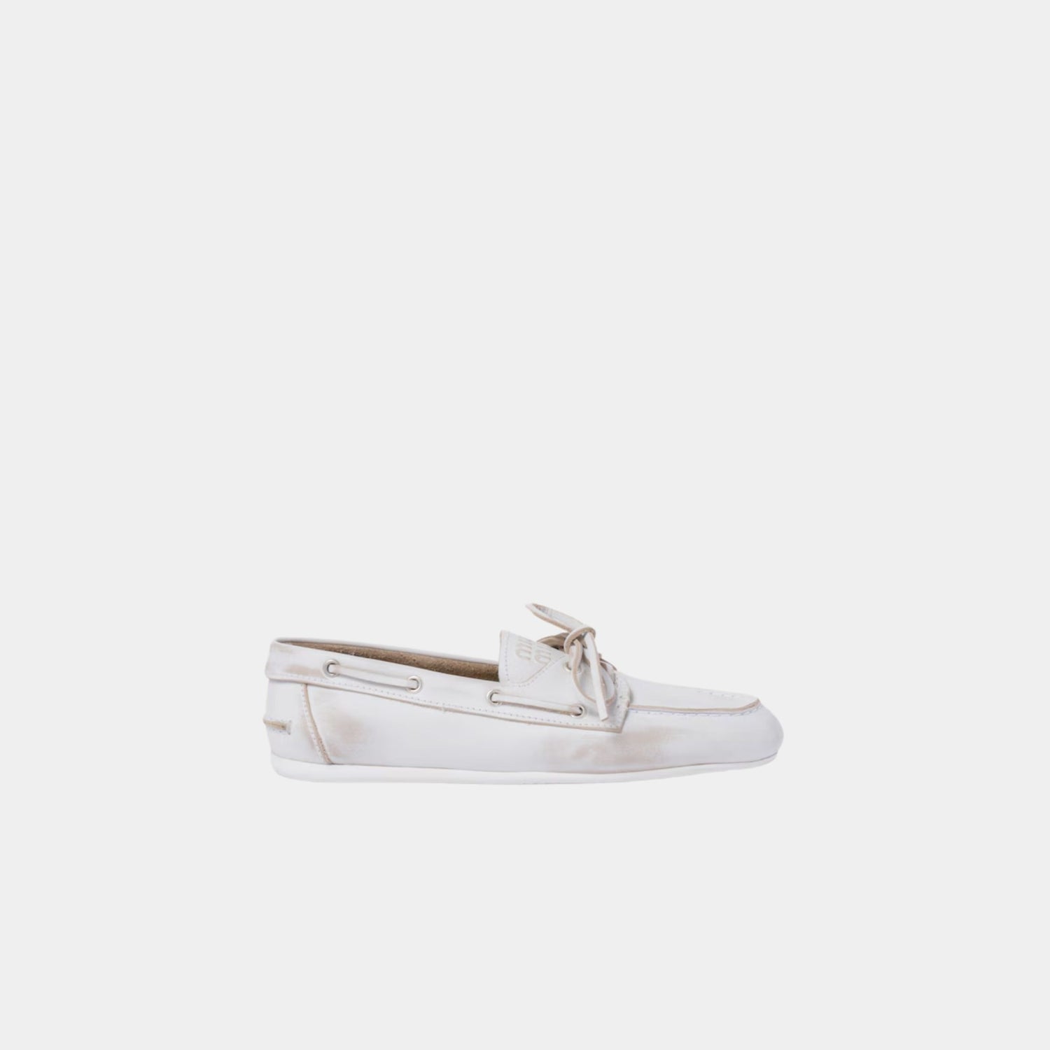 Miu Miu Unlined Bleached Leather Boat Shoes, White, Side