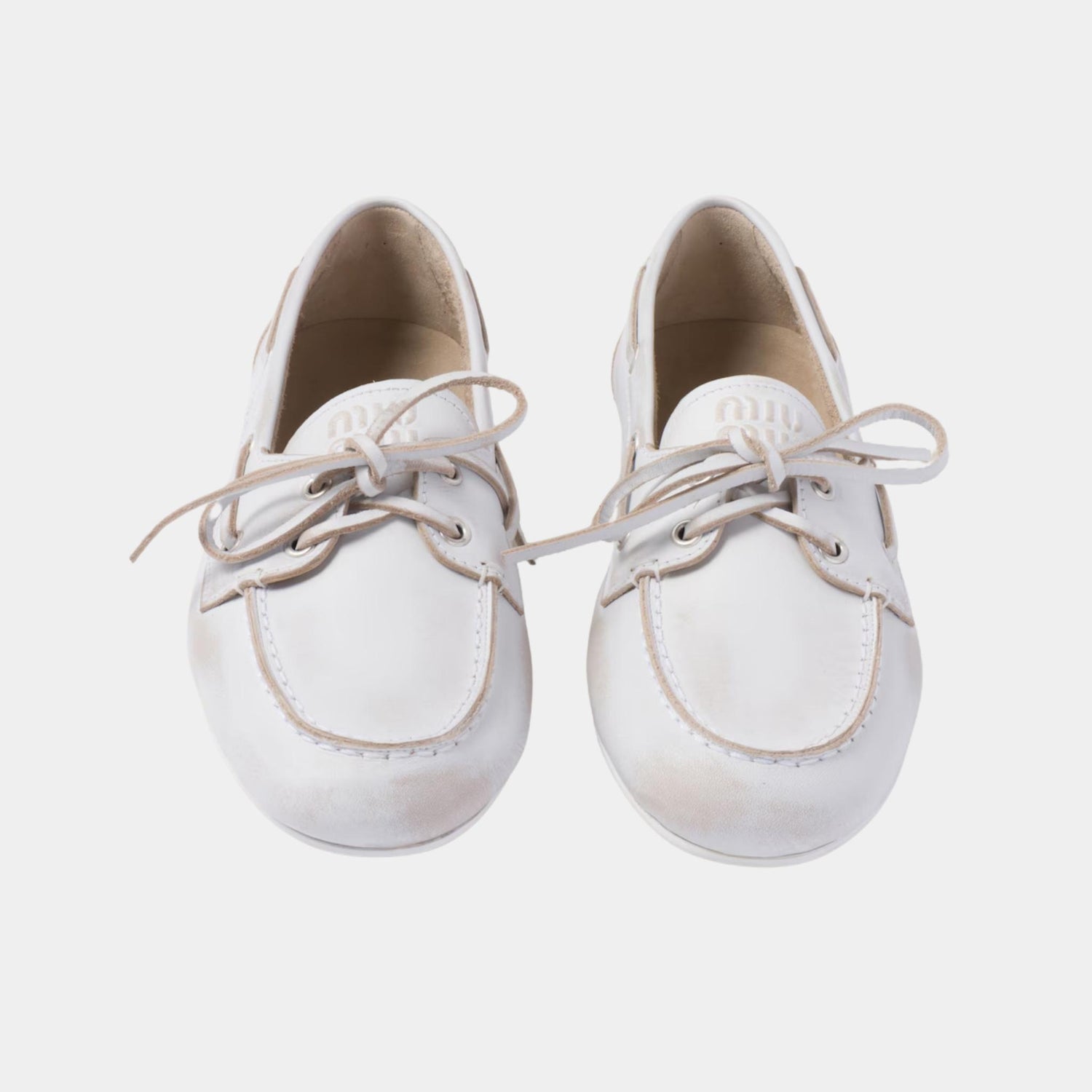Miu Miu Unlined Bleached Leather Boat Shoes, White, Top