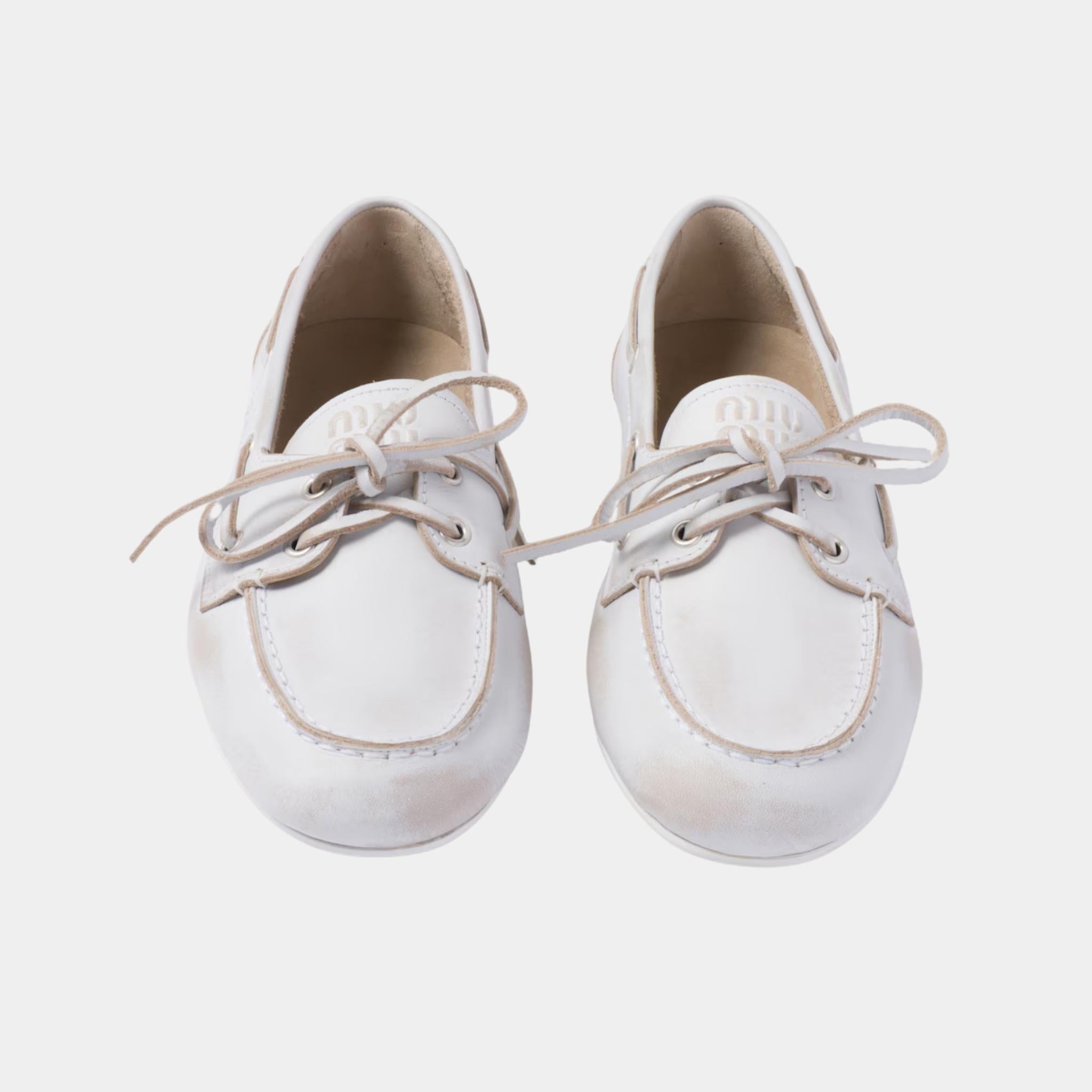 Miu Miu Unlined Bleached Leather Boat Shoes, White, Top