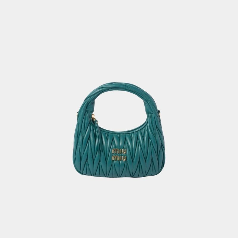 Miu Miu Wander Matelassé Nappa Leather Hobo Bag, LagoonBlue, FrontView