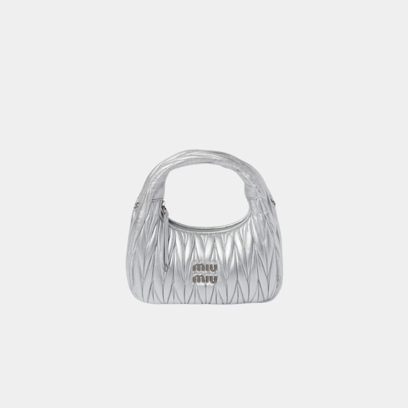 Miu Miu Wander Matelassé Nappa Leather Hobo Bag, Silver, FrontView