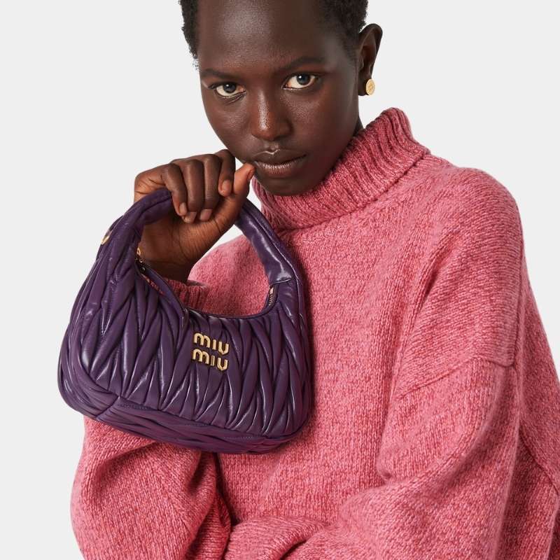 Miu Miu Wander Matelassé Nappa Leather Hobo Bag, Violet, ModelView