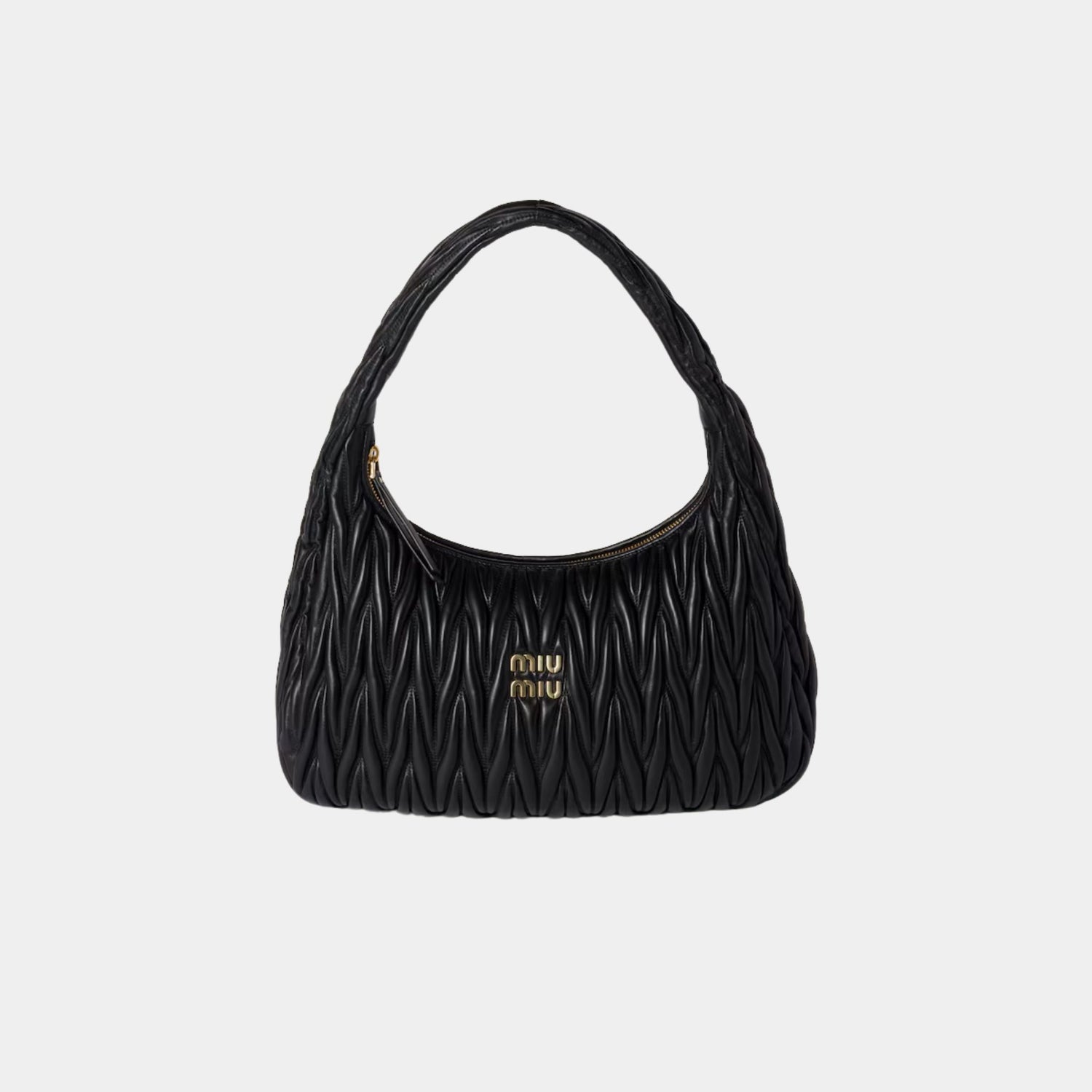 Miu Miu Wander Matelassé Nappa Leather Hobo Medium Bag, Black, Front