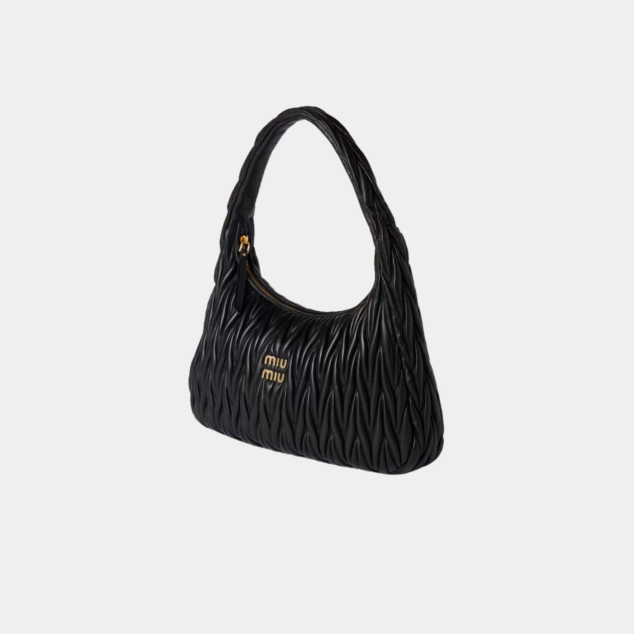 Miu Miu Wander Matelassé Nappa Leather Hobo Medium Bag, Black, Side