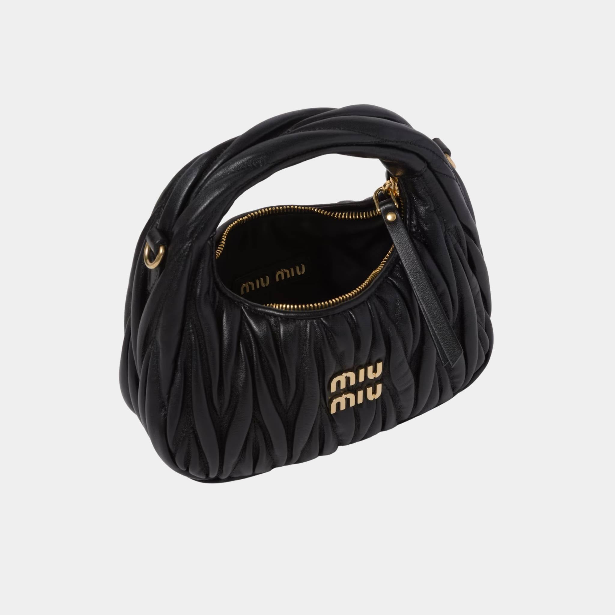 Miu Miu Wander Matelasse Nappa Leather Hobo Mini Bag, Black, Open