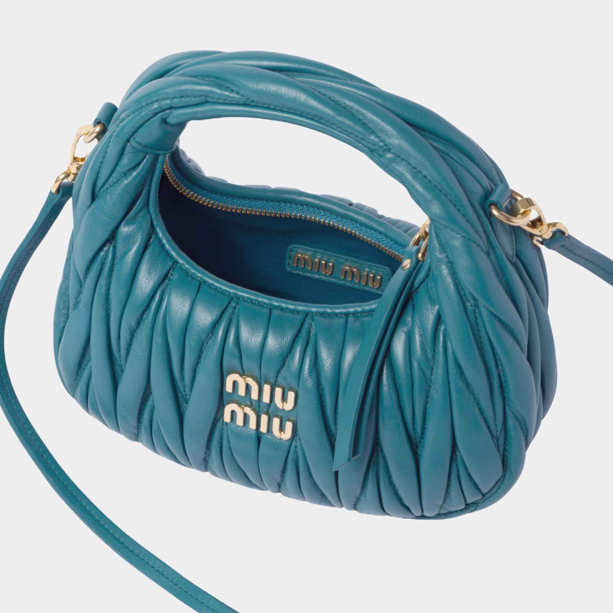 Miu Miu Wander Matelasse Nappa Leather Hobo Mini Bag, Marina Blue, Open