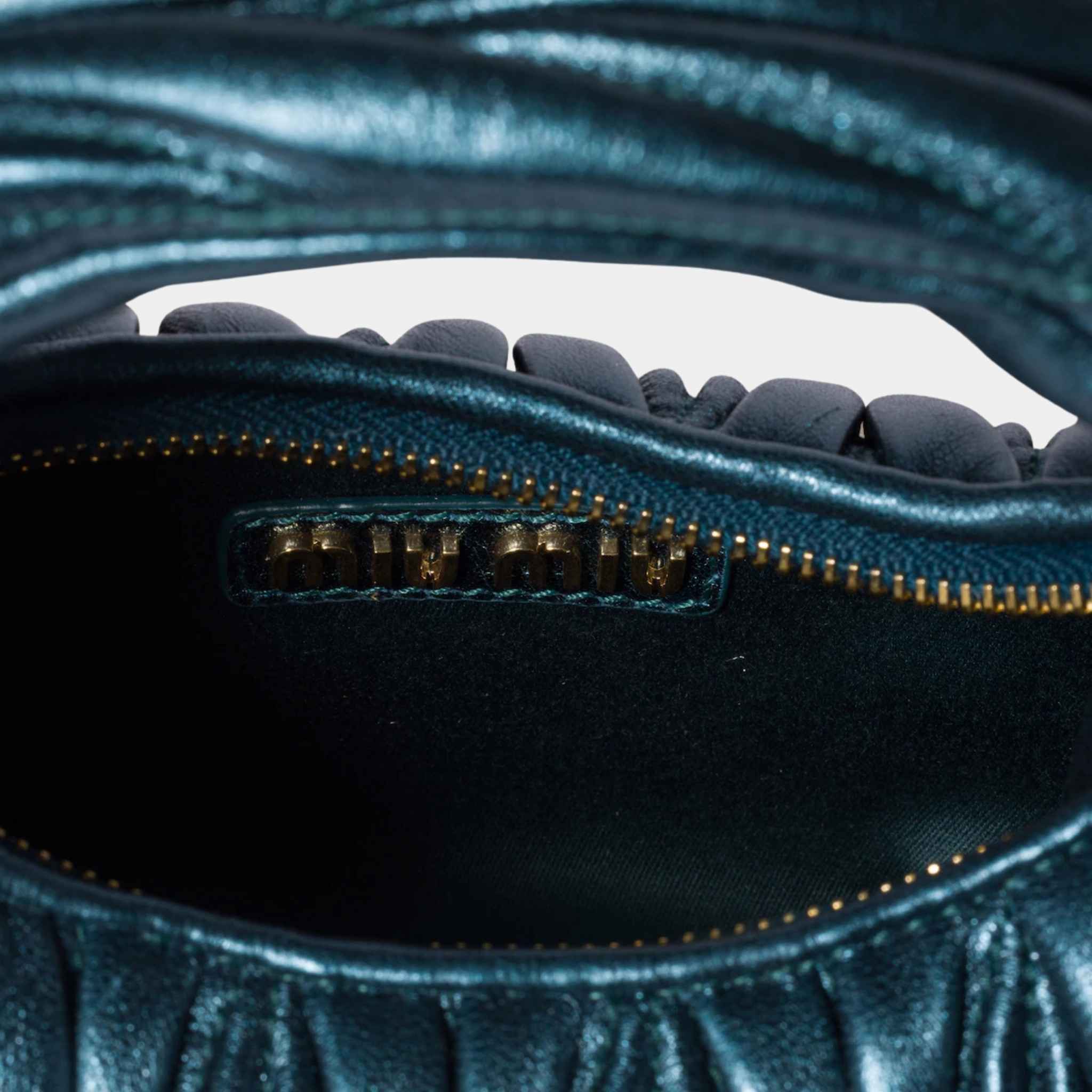 Miu Miu Wander Matelasse Nappa Leather Hobo Mini Bag, Ocean Blue, Mordore, Open