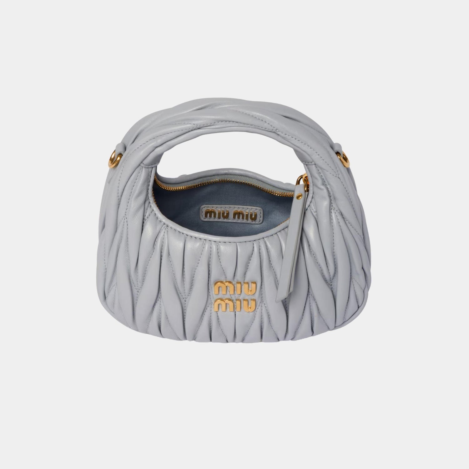 Miu Miu Wander Matelasse Nappa Leather Hobo Mini Bag, Pearl Gray, Open