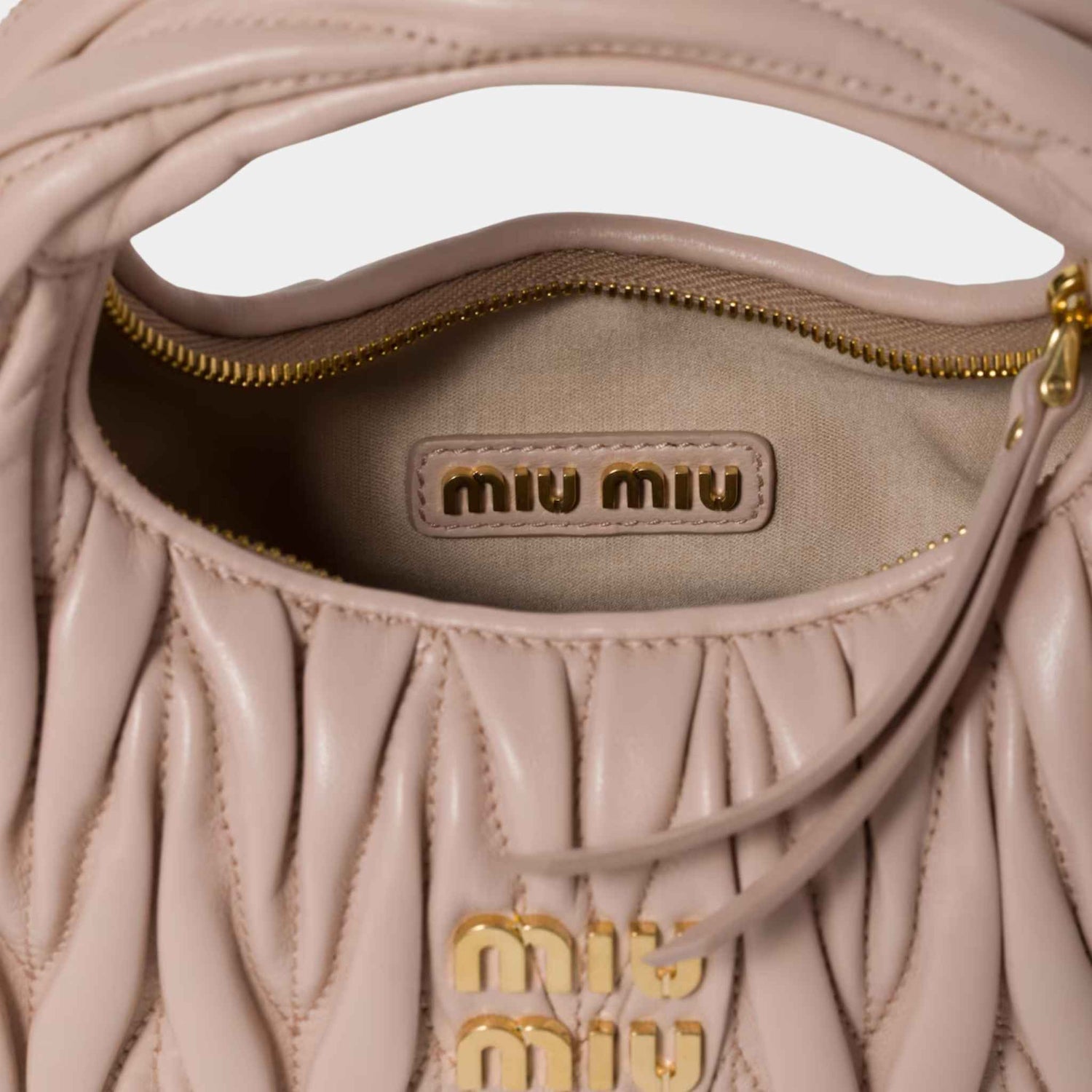 Miu Miu Wander Matelasse Nappa Leather Hobo Mini Bag, Powder Pink, Open