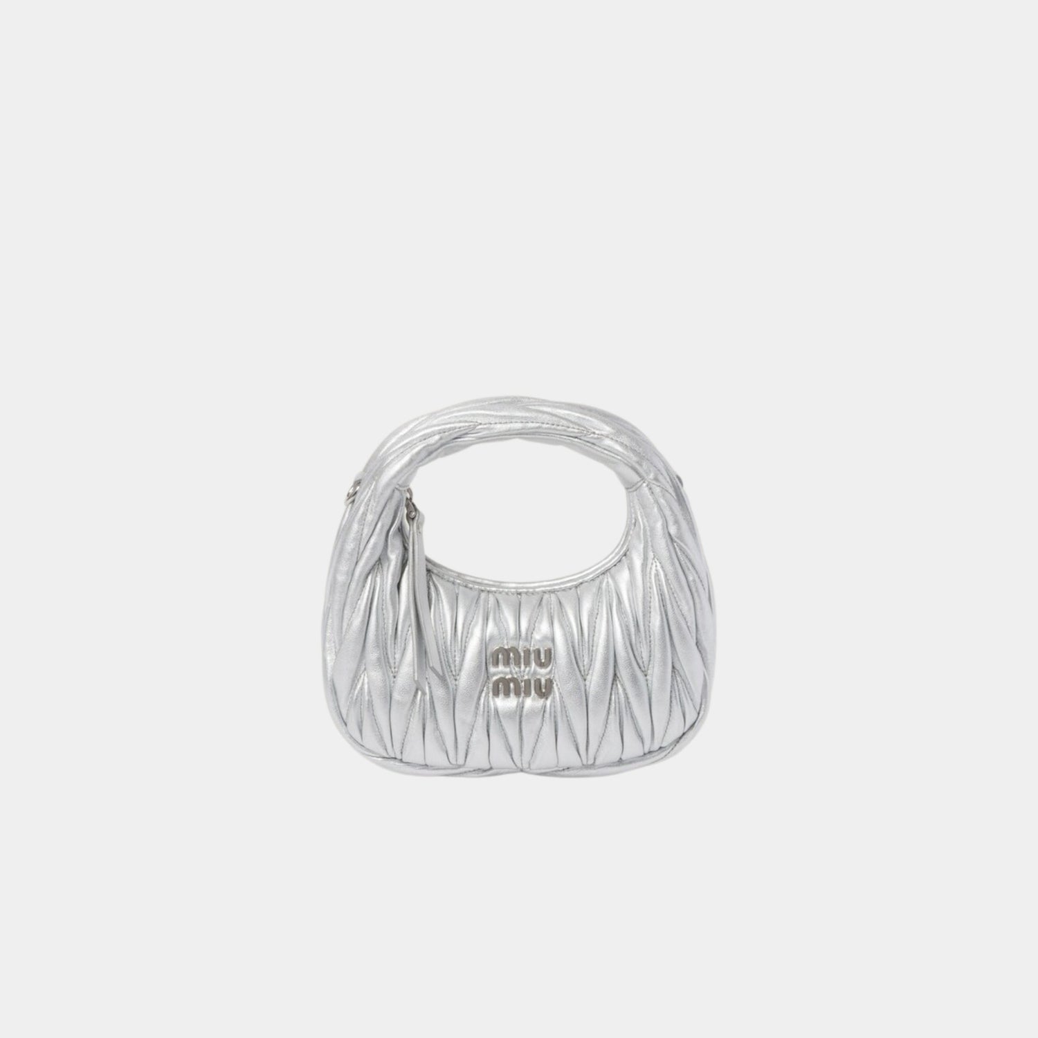 Miu Miu Wander Matelasse Nappa Leather Hobo Mini Bag, Silver, Front