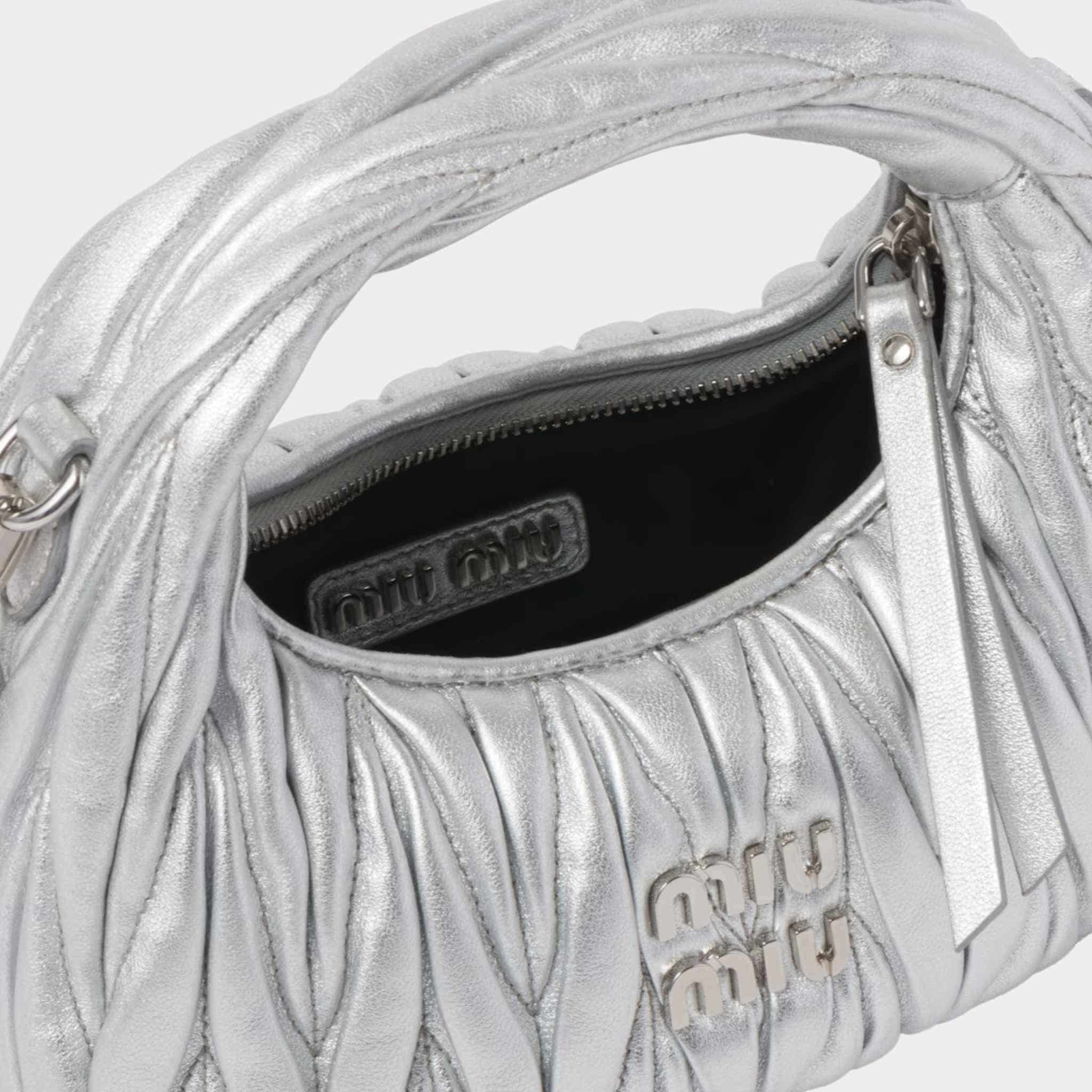 Miu Miu Wander Matelasse Nappa Leather Hobo Mini Bag, Silver, Open