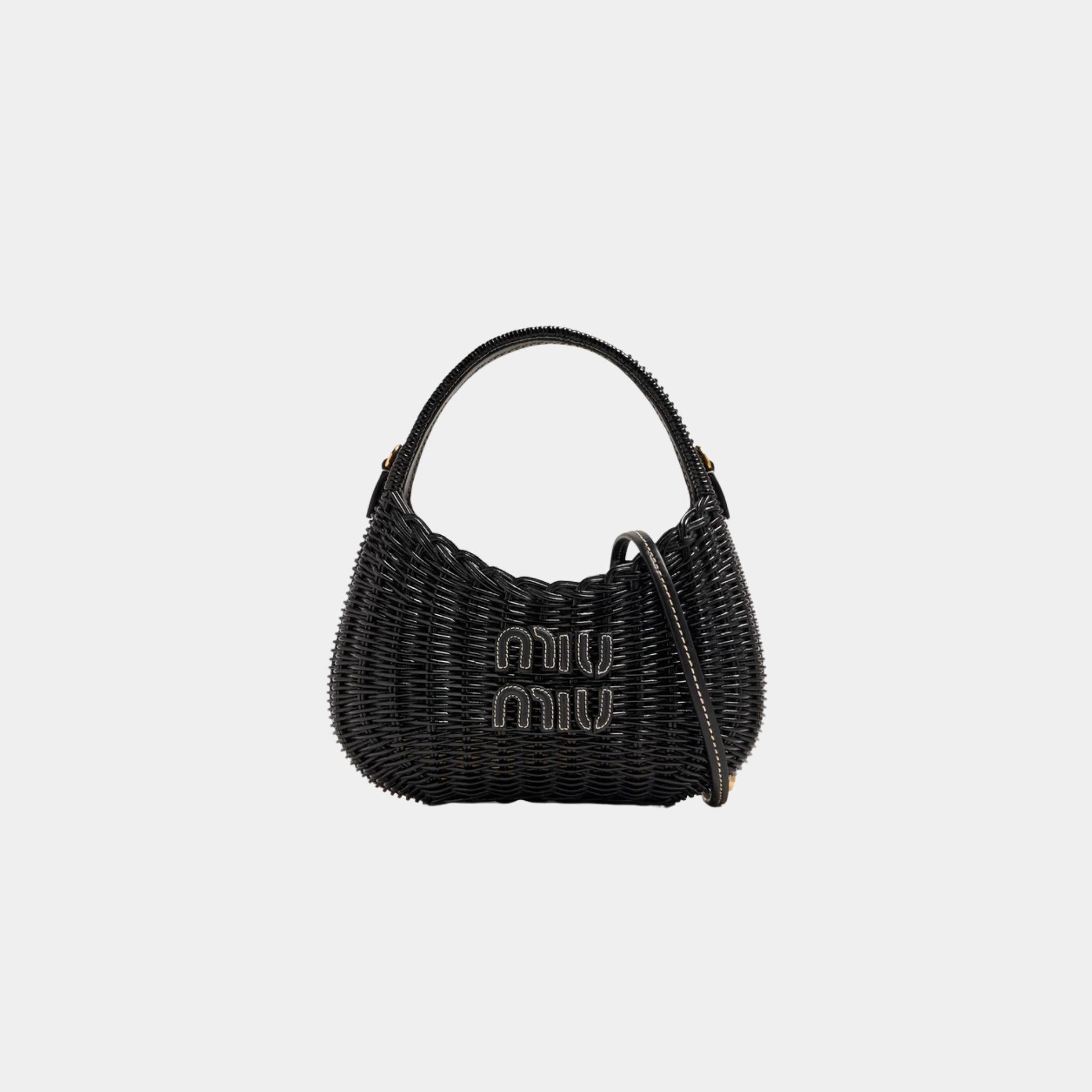 Miu Miu Wander Wicker Hobo Bag, Black, Front