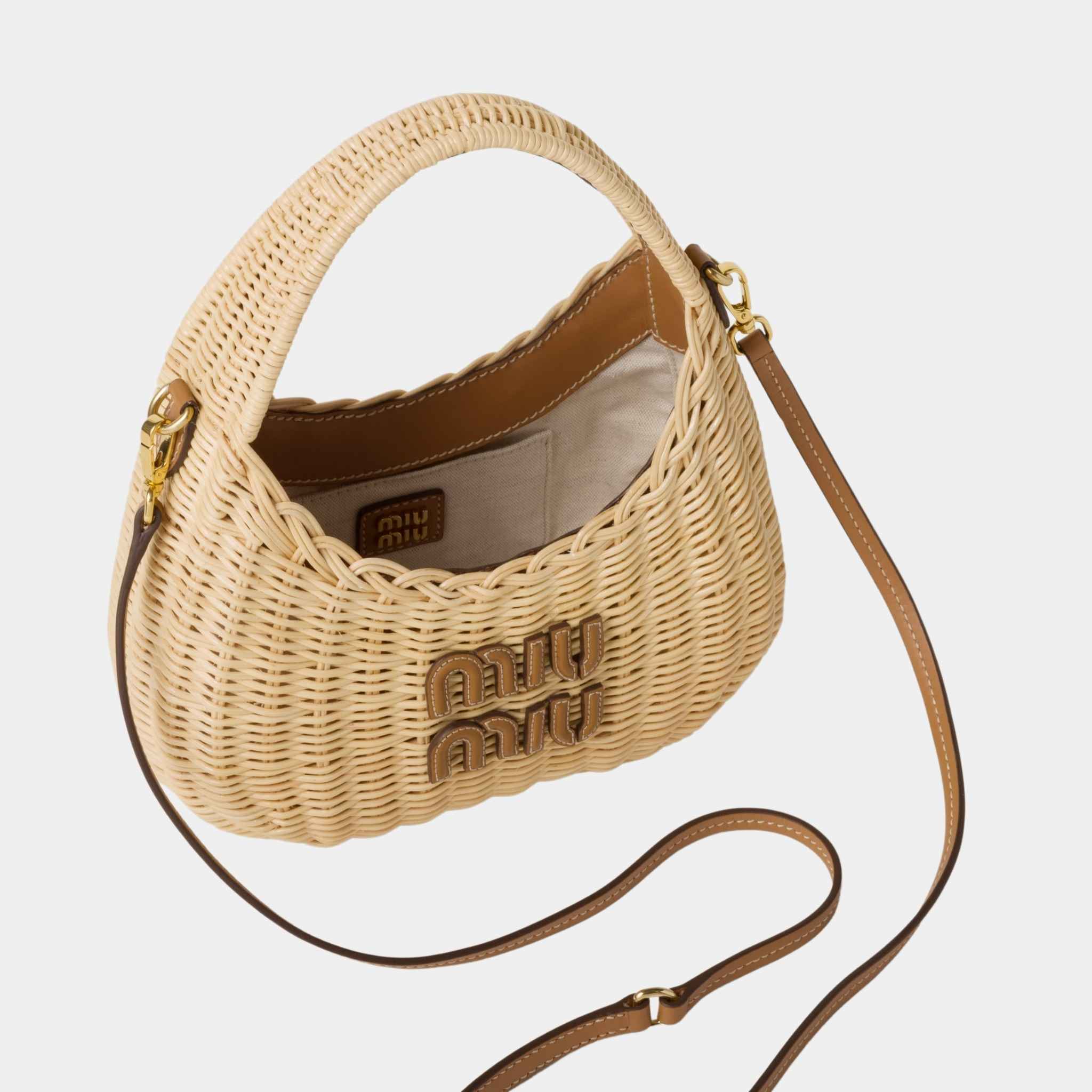 Miu Miu Wander Wicker Hobo Bag, Tan/Caramel, Inside View