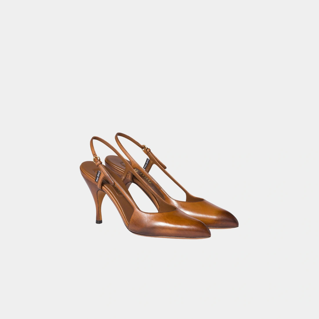 Miu Miu Waxed Calf Leather Slingback Pumps, Cognac, Front