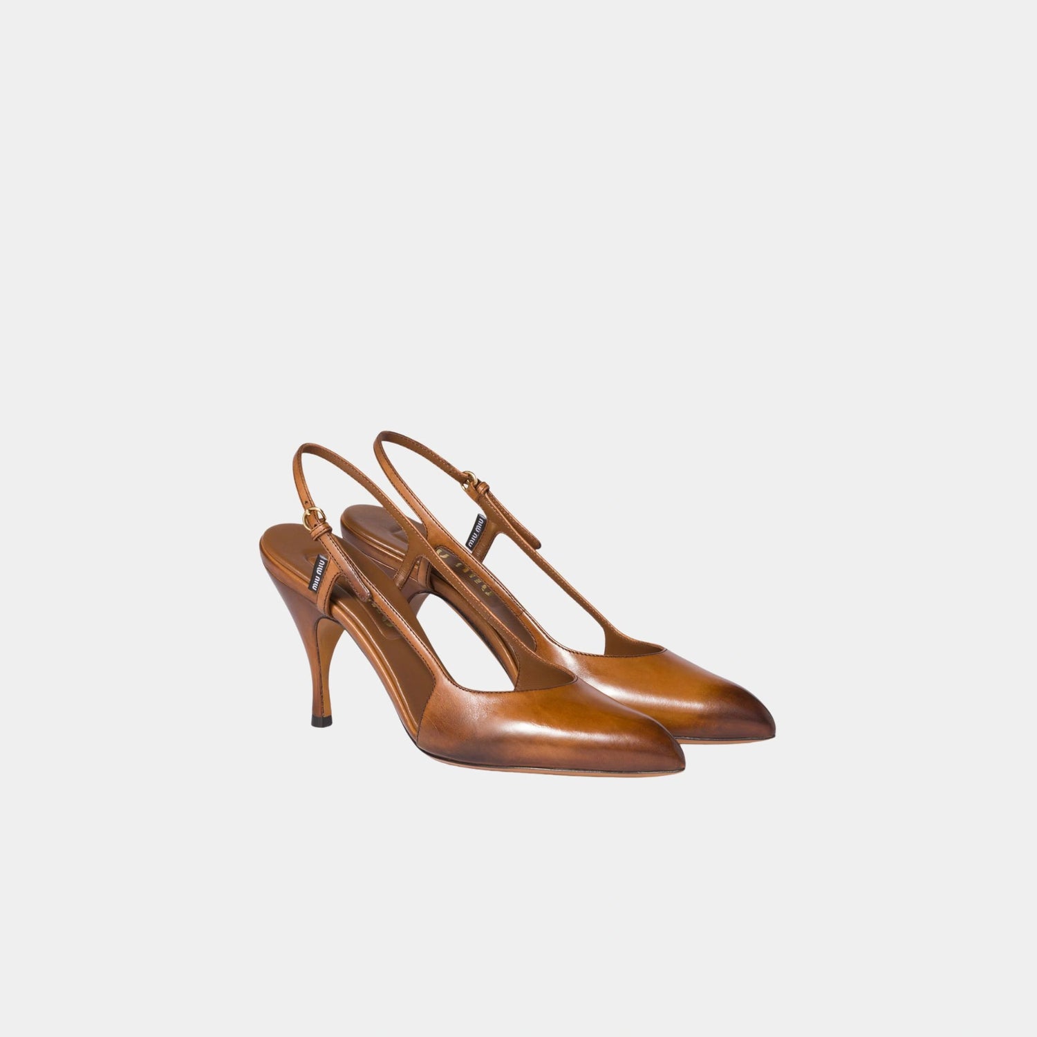 Miu Miu Waxed Calf Leather Slingback Pumps, Cognac, Front