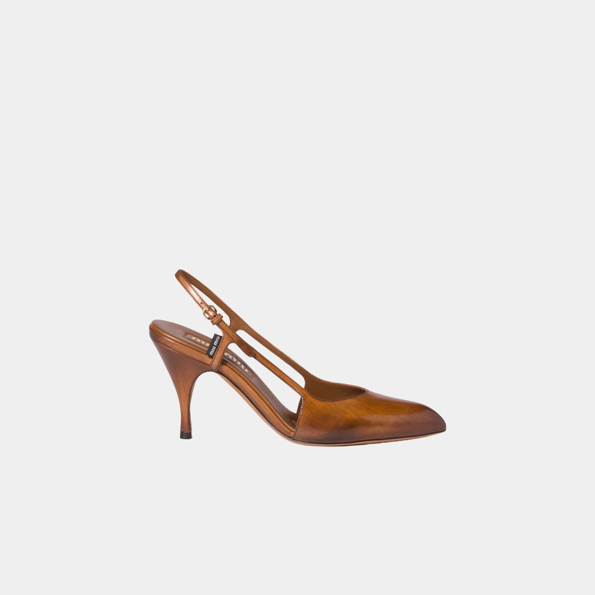 Miu Miu Waxed Calf Leather Slingback Pumps, Cognac, Side