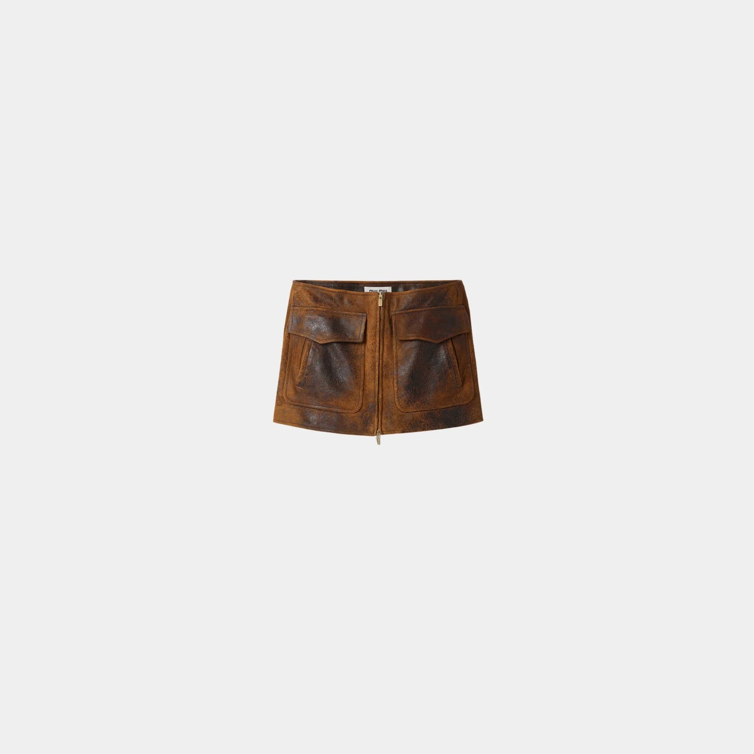 Miu Miu Waxed Suede Leather Mini-skirt, Cognac, Front