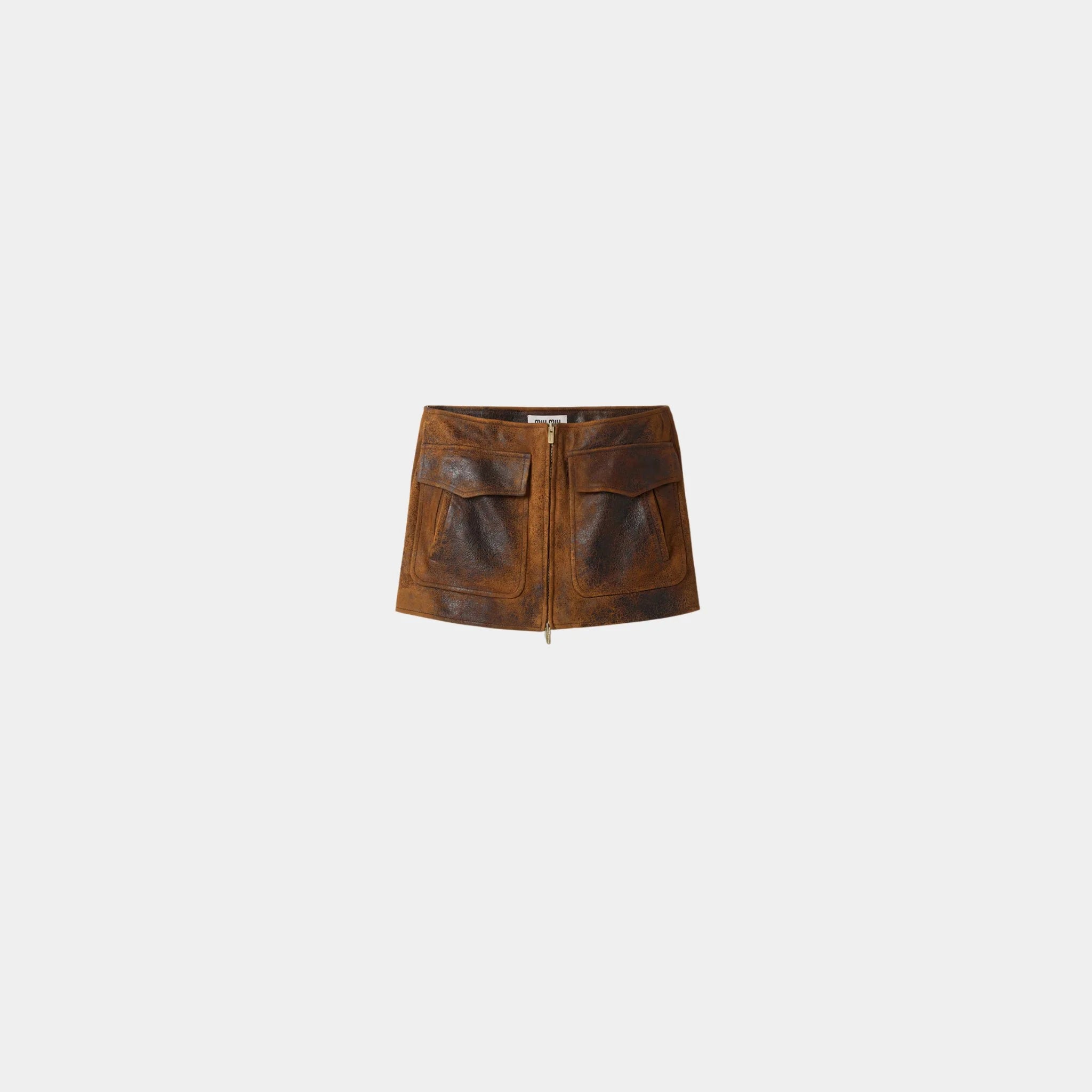 Miu Miu Waxed Suede Leather Mini-skirt, Cognac, Front