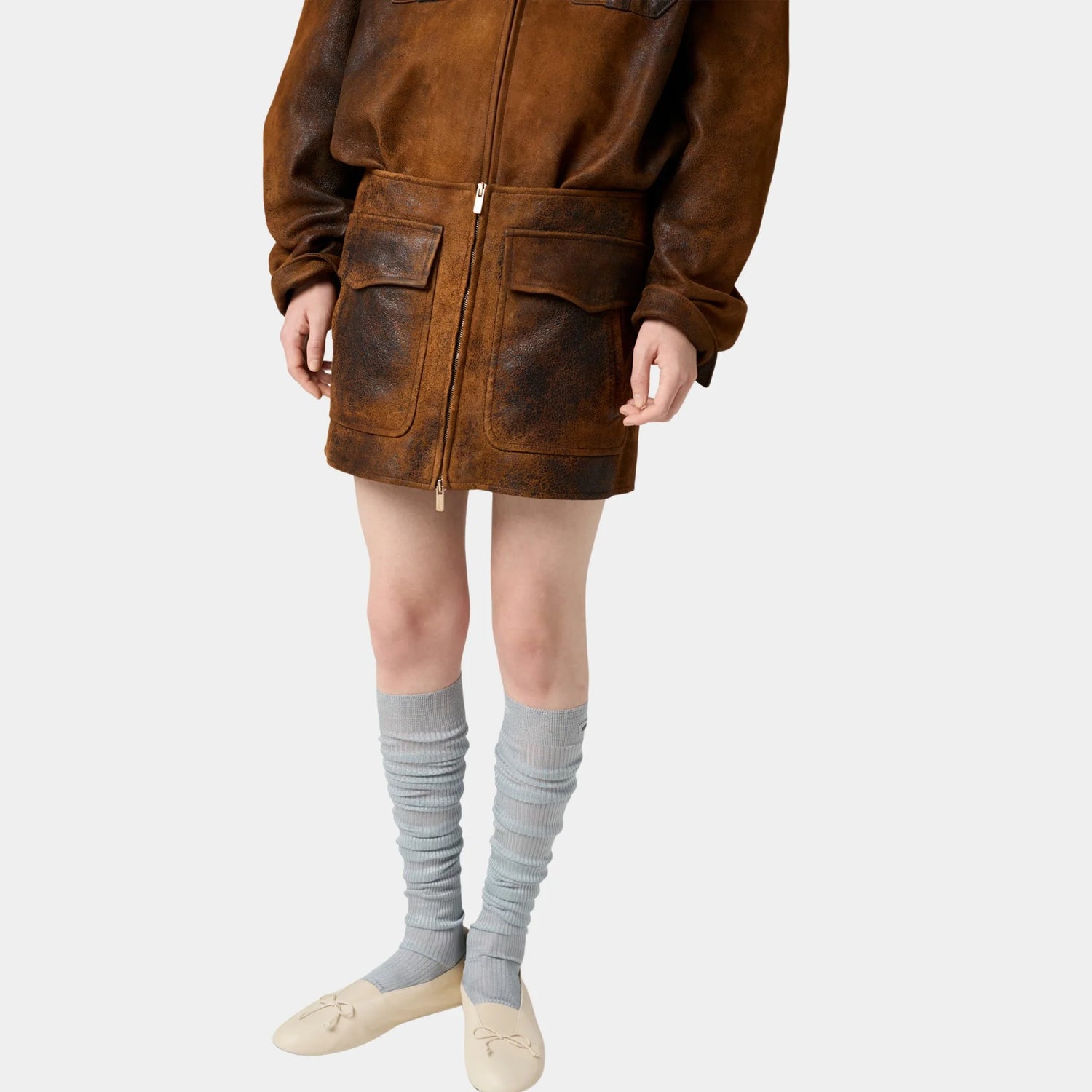 Miu Miu Waxed Suede Leather Mini-skirt, Cognac, Model, Front