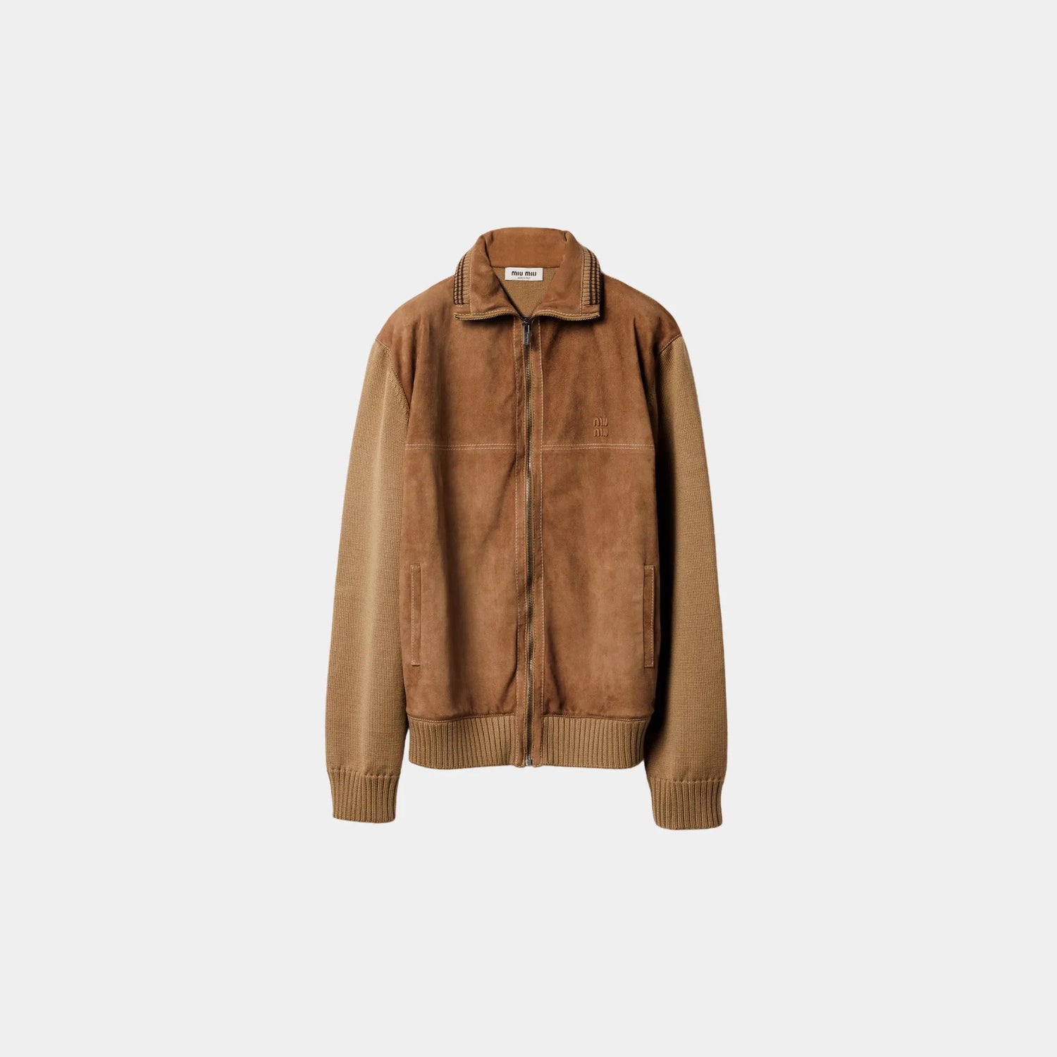 Miu Miu Wool and Leather Zipper Cardigan, Camel, Cinnamon, Front