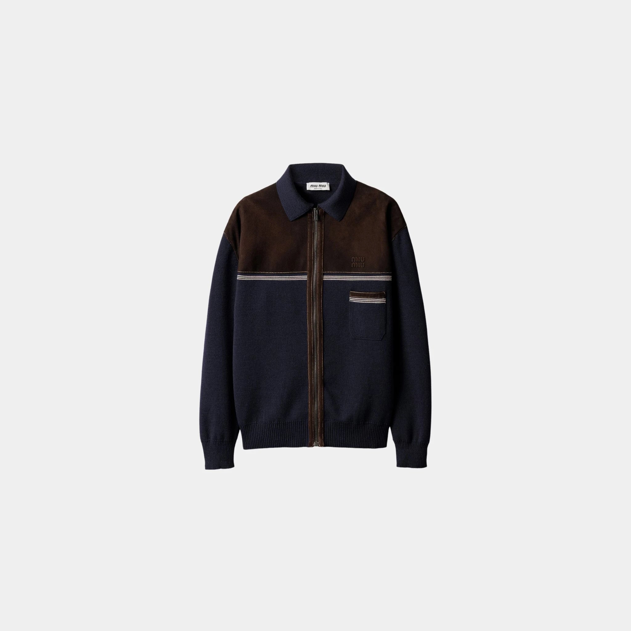 Miu Miu Wool and Leather Zipper Oversized Cardigan, Blue, Cocoa Brown, Front