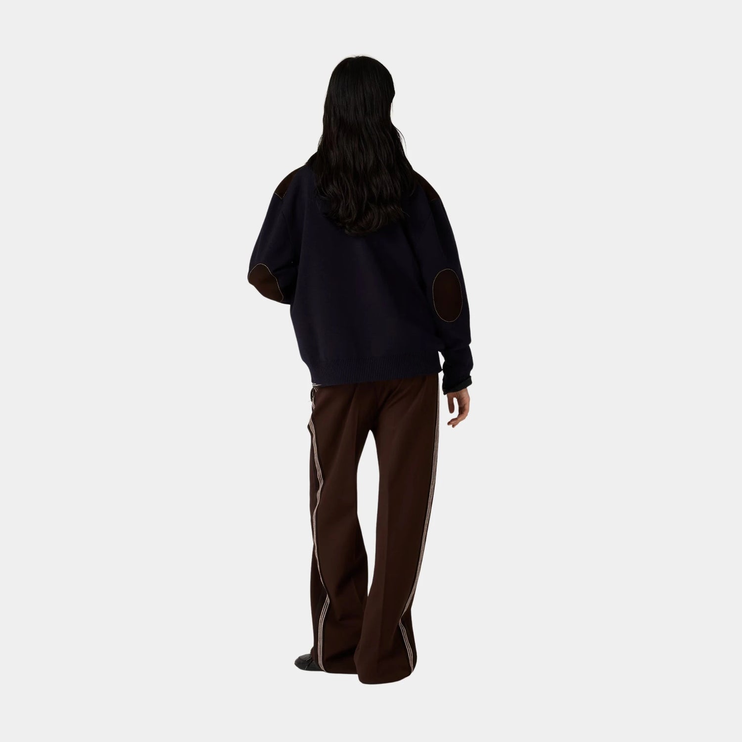 Miu Miu Wool and Leather Zipper Oversized Cardigan, Blue, Cocoa Brown, Model, Back