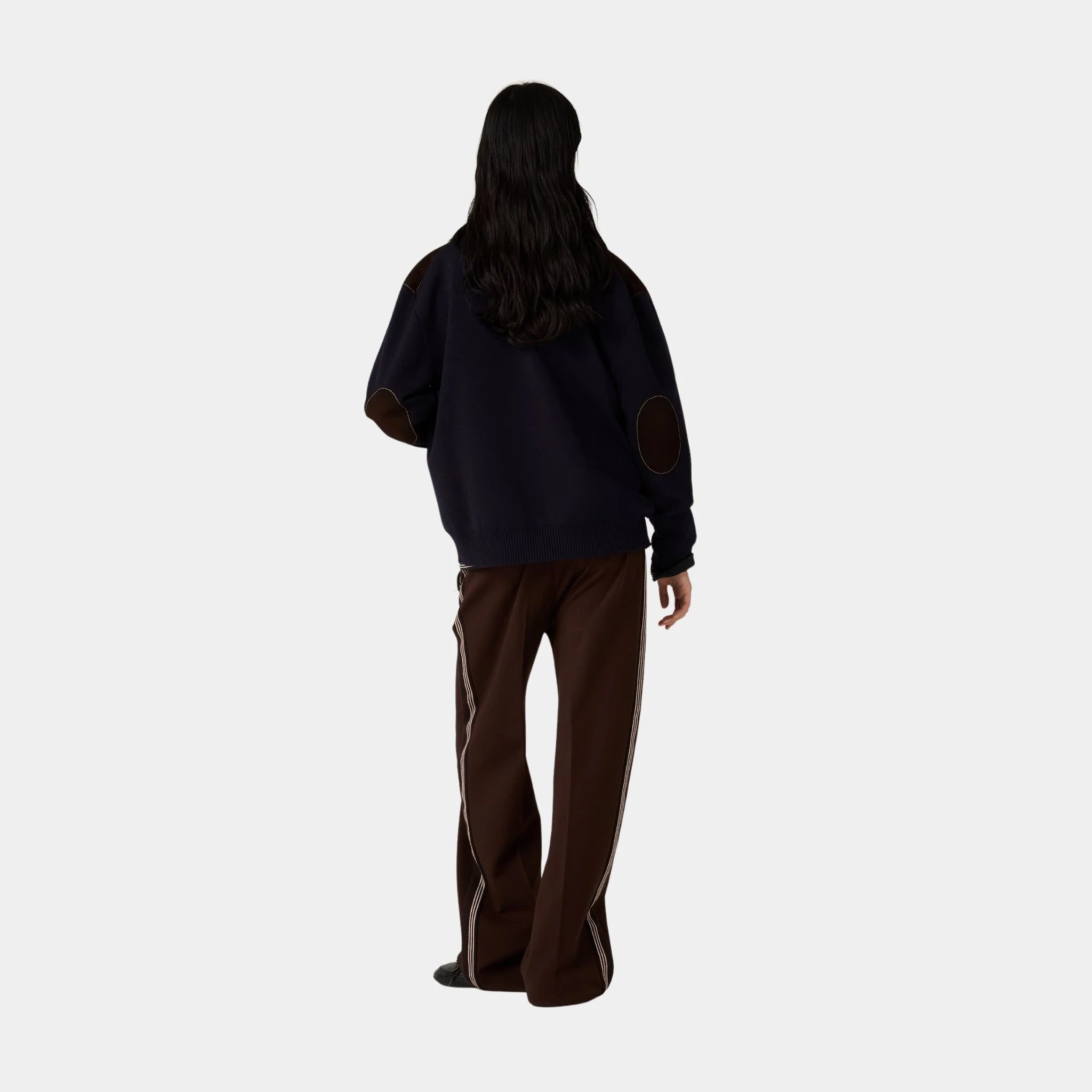 Miu Miu Wool and Leather Zipper Oversized Cardigan, Blue, Cocoa Brown, Model, Back