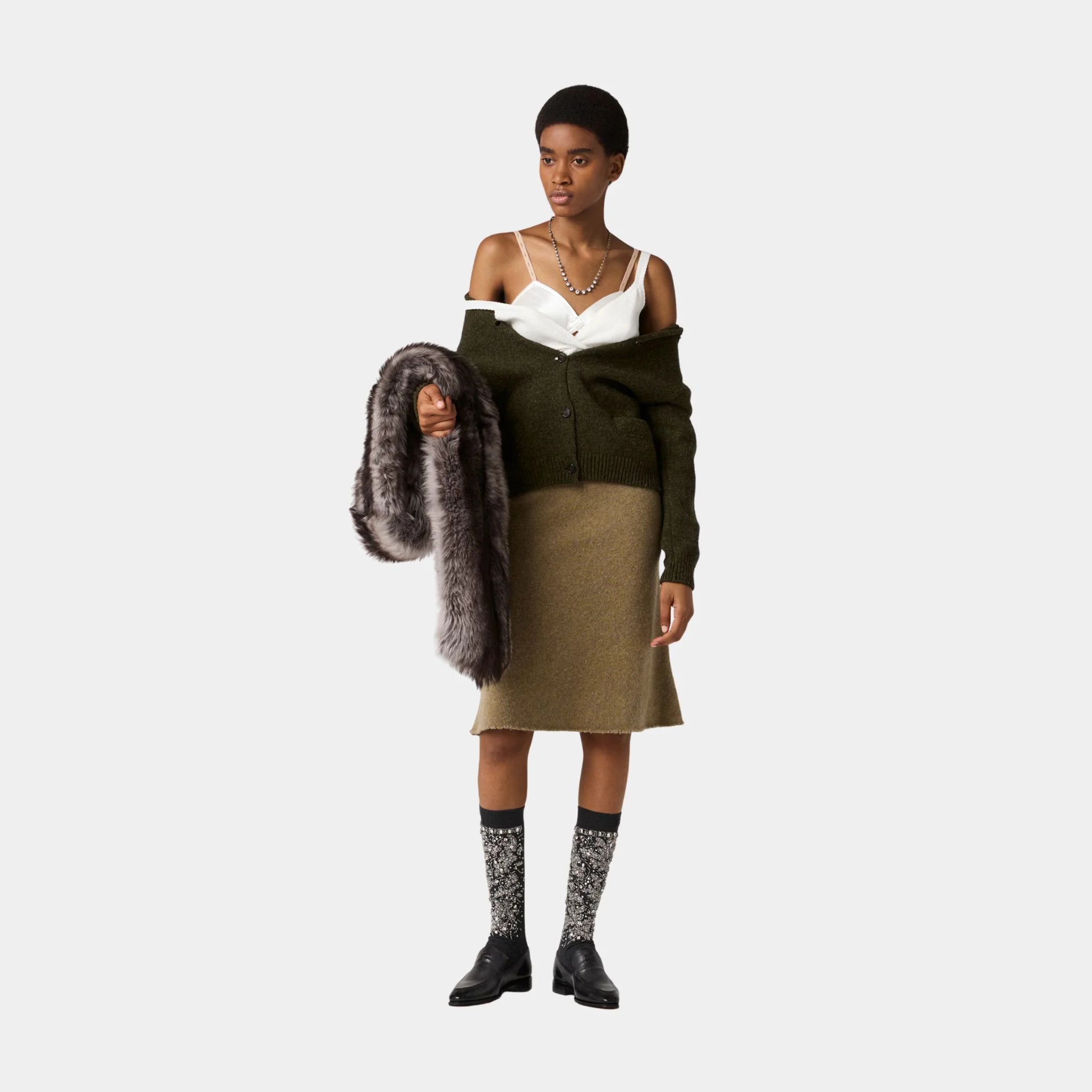 Miu Miu Wool Cardigan Front Button Closure, Military Green, Front