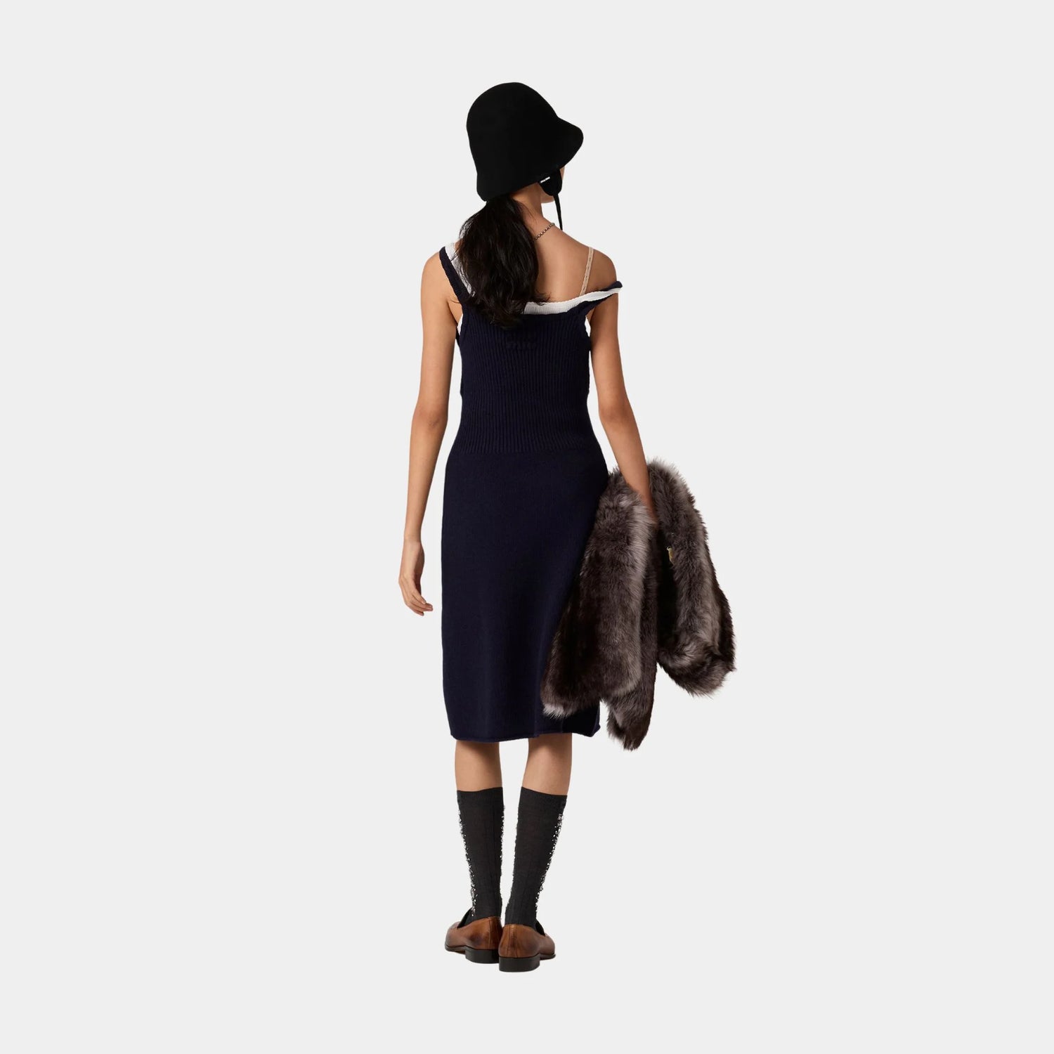 Miu Miu Wool Knit Tank Dress, Navy, Model, Back