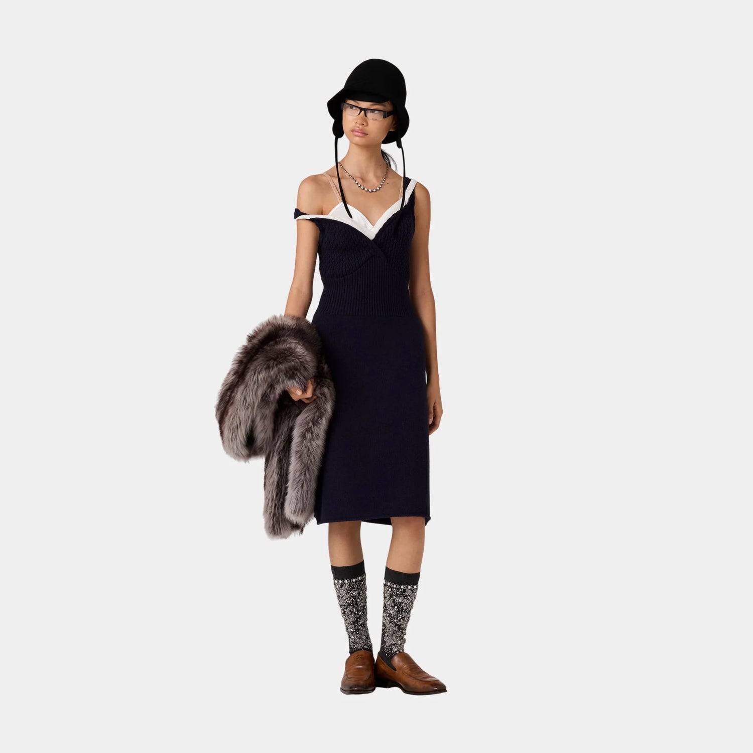 Miu Miu Wool Knit Tank Dress, Navy, Model, Front