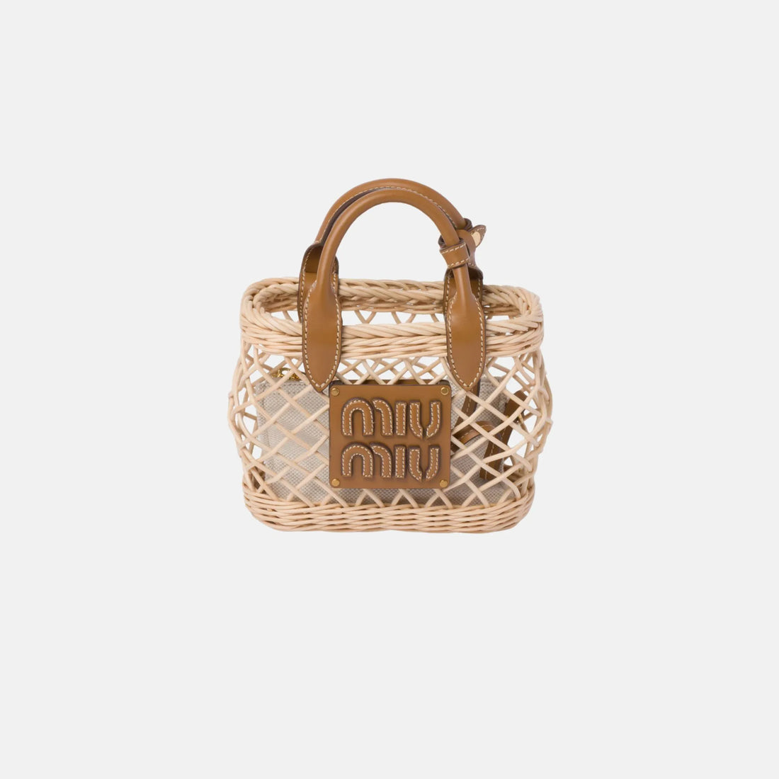 Miu Miu Woven Fabric Handbag With Leather Trim, Tan/Caramel, Front