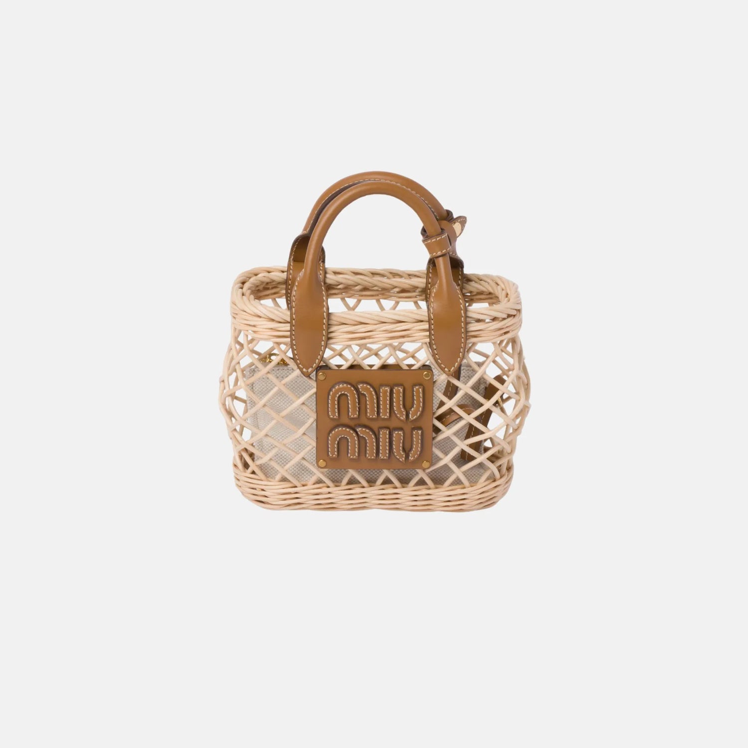 Miu Miu Woven Fabric Handbag With Leather Trim, Tan/Caramel, Front