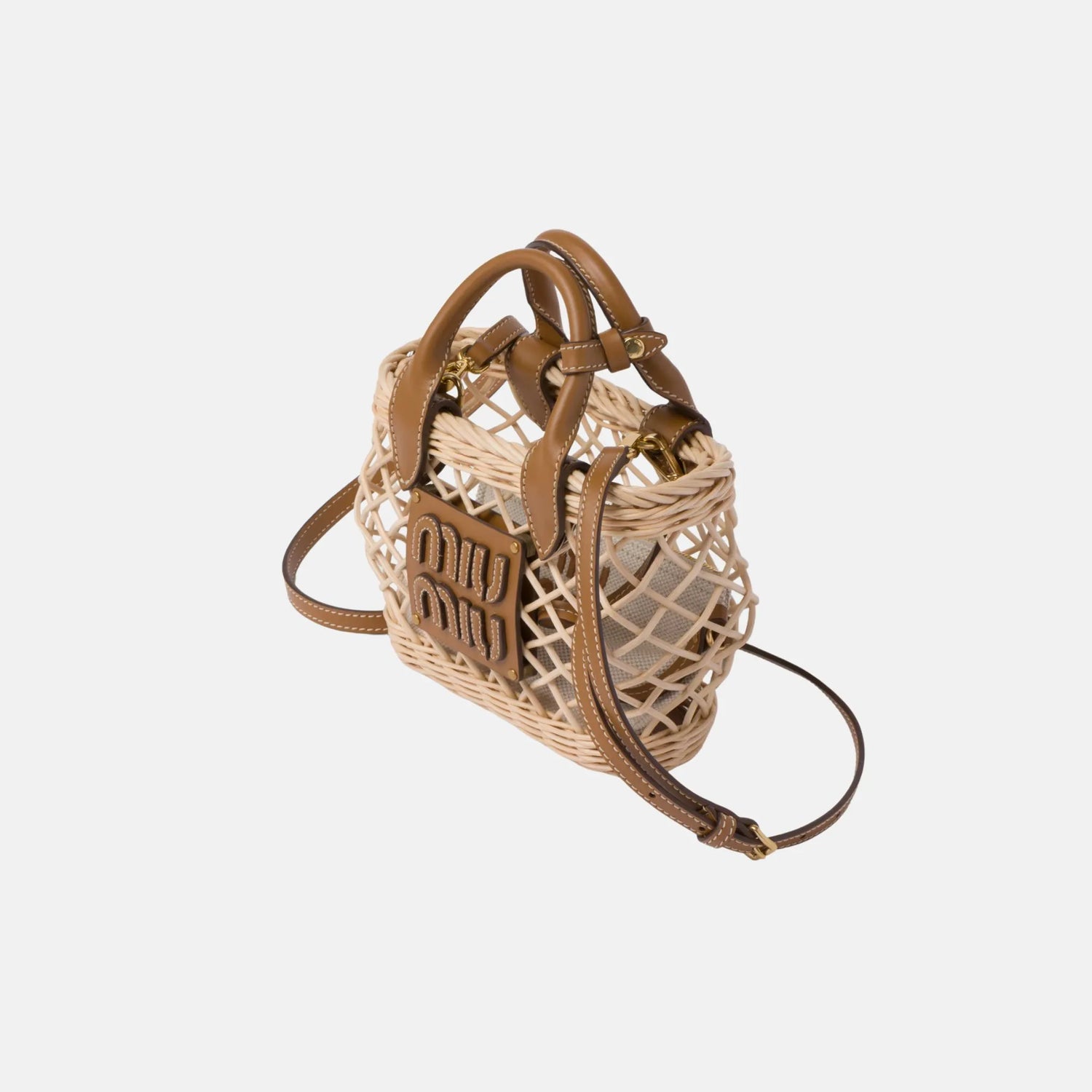 Miu Miu Woven Fabric Handbag With Leather Trim, Tan/Caramel, Side