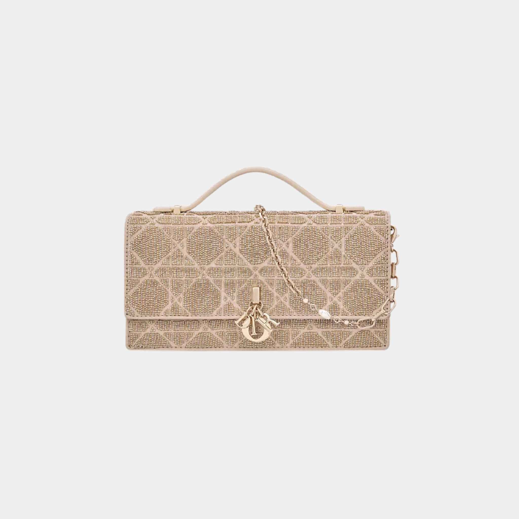 Dior Or My Dior Mini Bag Microbead-Embroidered Cotton, Caramel Beige, Front