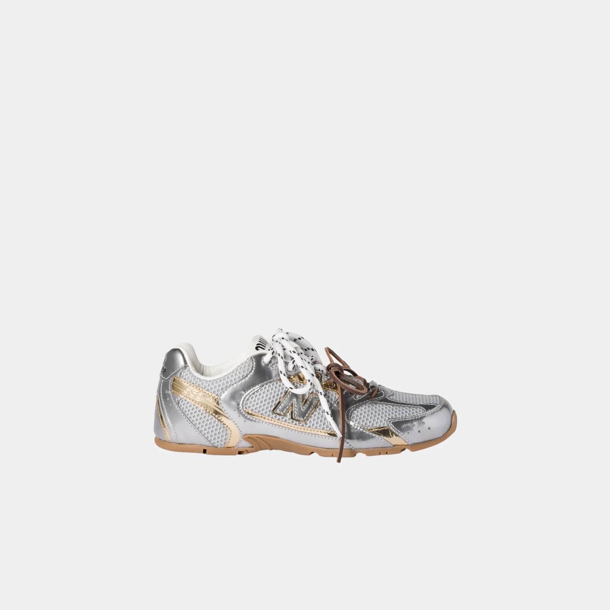 New Balance X Miu Miu 530 SL Metallic Leather and Mesh Sneakers, Silver, Platinum, Side