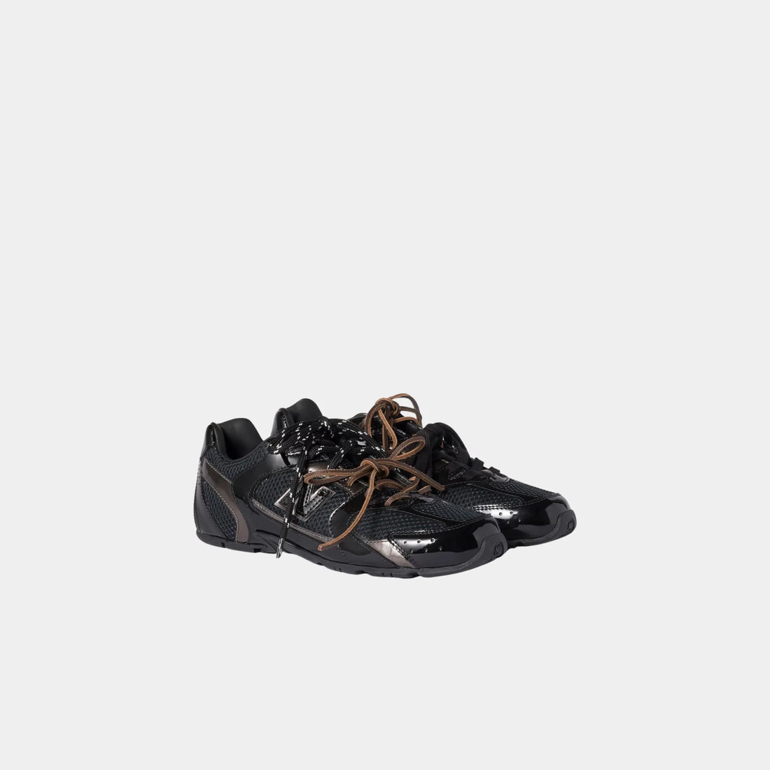 New Balance X Miu Miu 530 SL Patent Leather and Mesh Sneakers, Black, Anthracite Gray, Front
