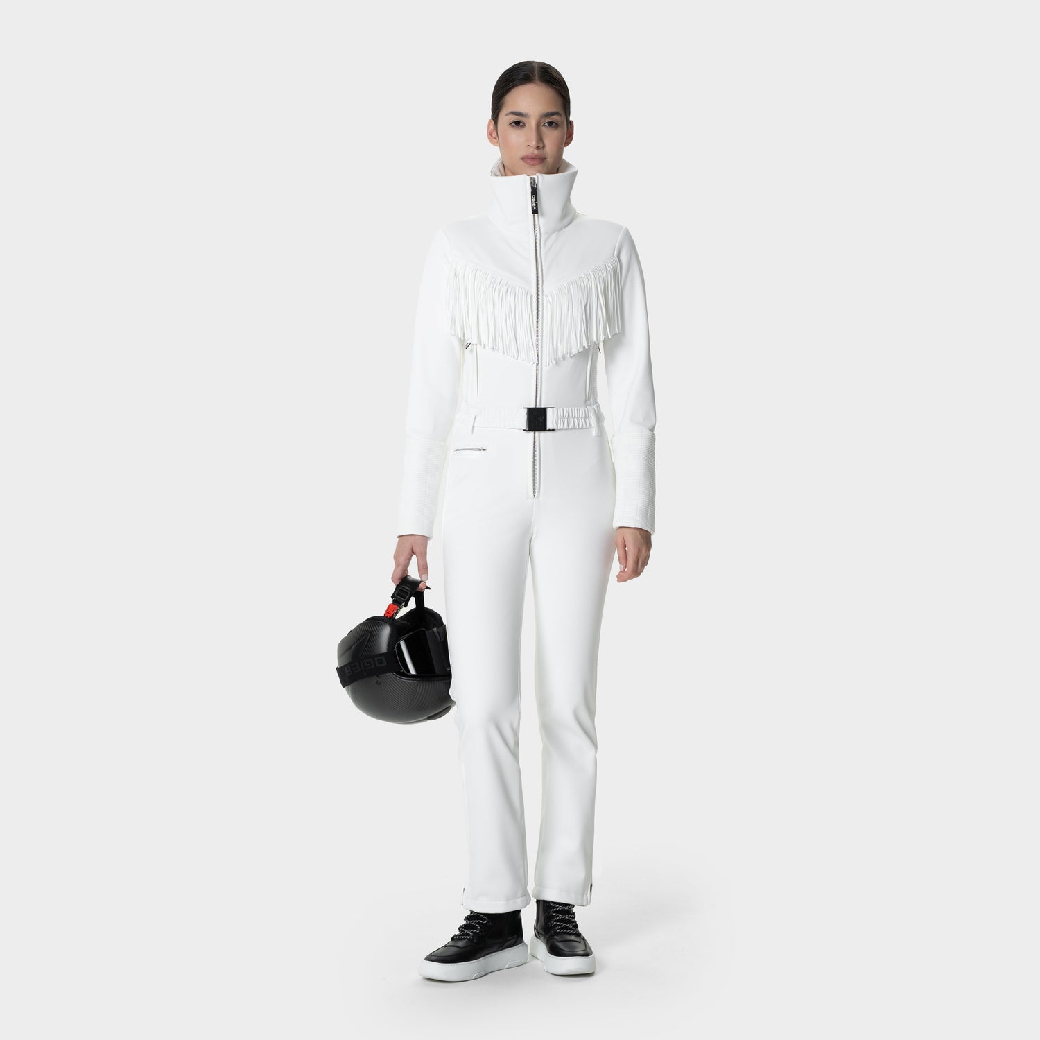 Orgier Tuta Tassel Ski One Piece, White , Front Model 