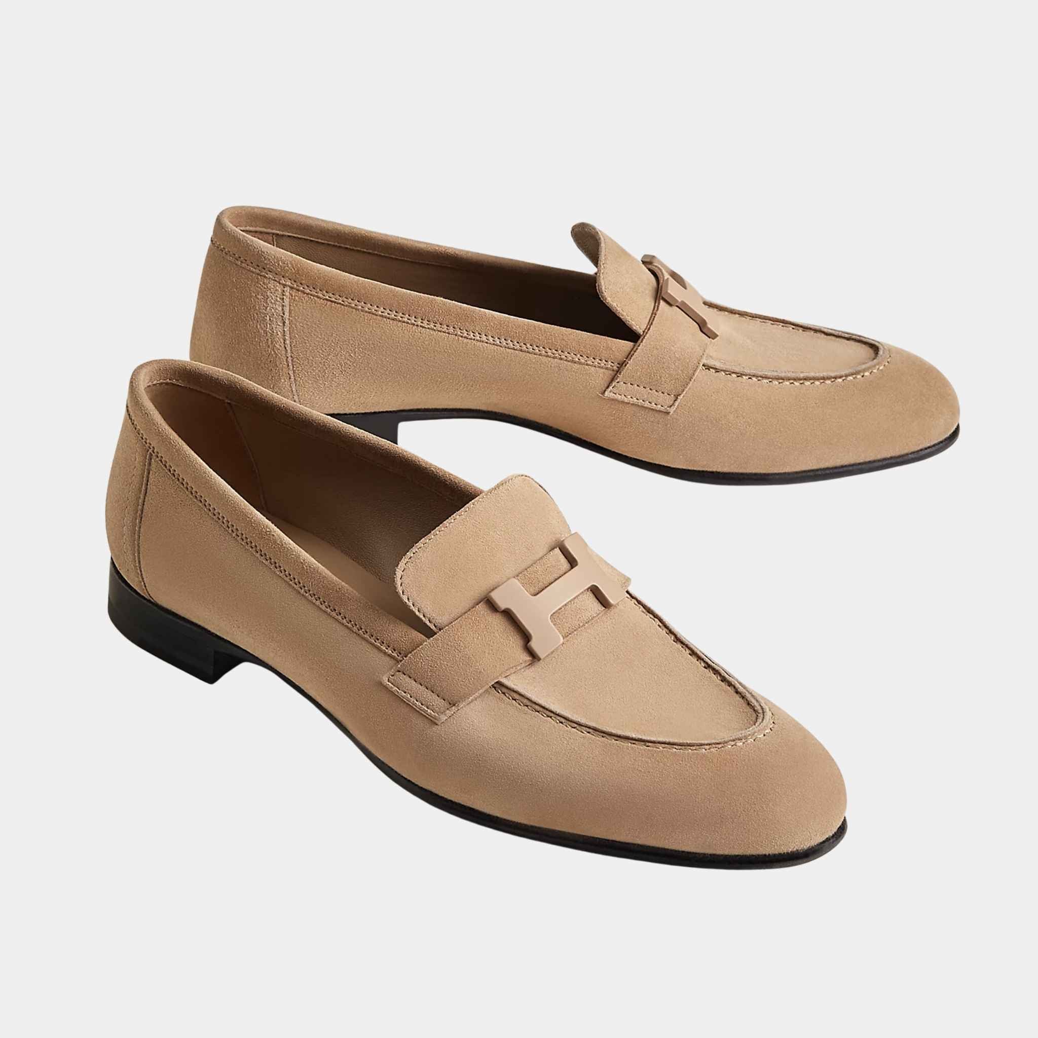 Hermes Paris Loafer in Suede Goatskin Women, Beige Argile, Front