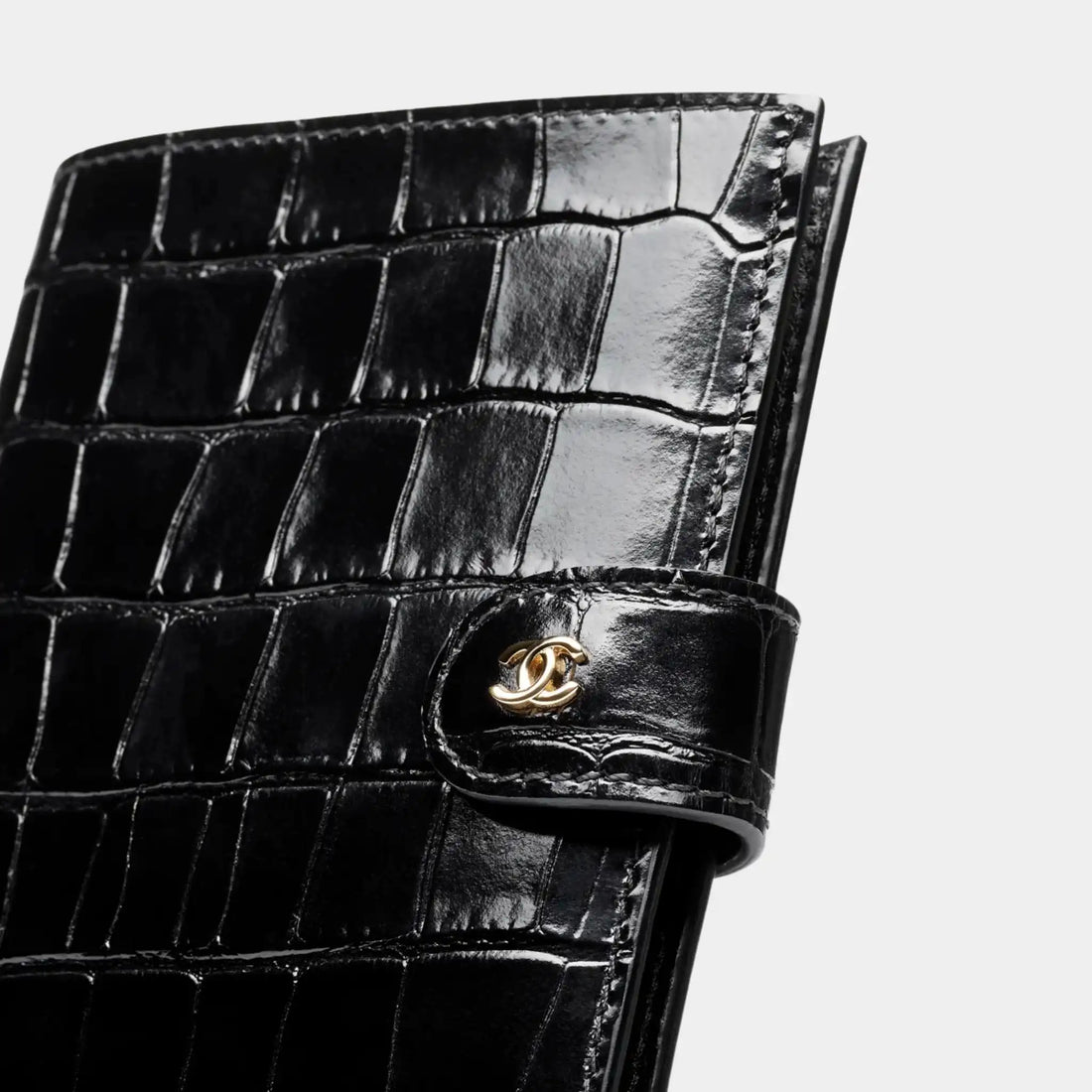 Chanel Passport Holder Crocodile Embossed Calfskin & Gold-Tone Metal, Black, Close
