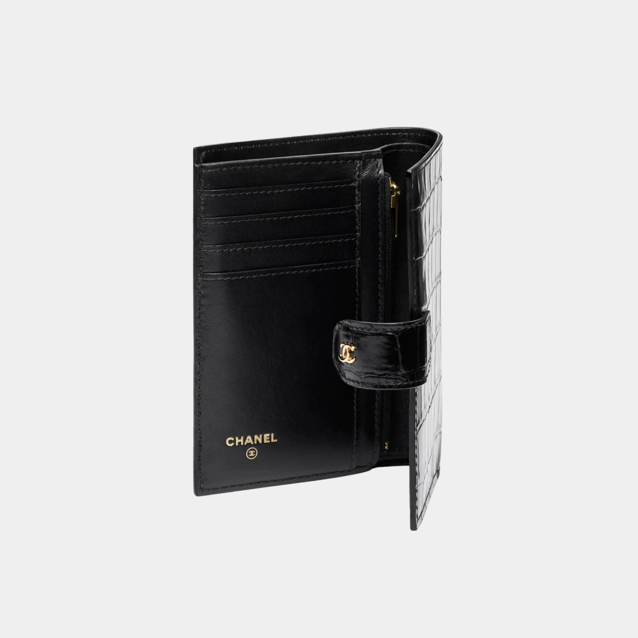Chanel Passport Holder Crocodile Embossed Calfskin &amp; Gold-Tone Metal, Black, Inside