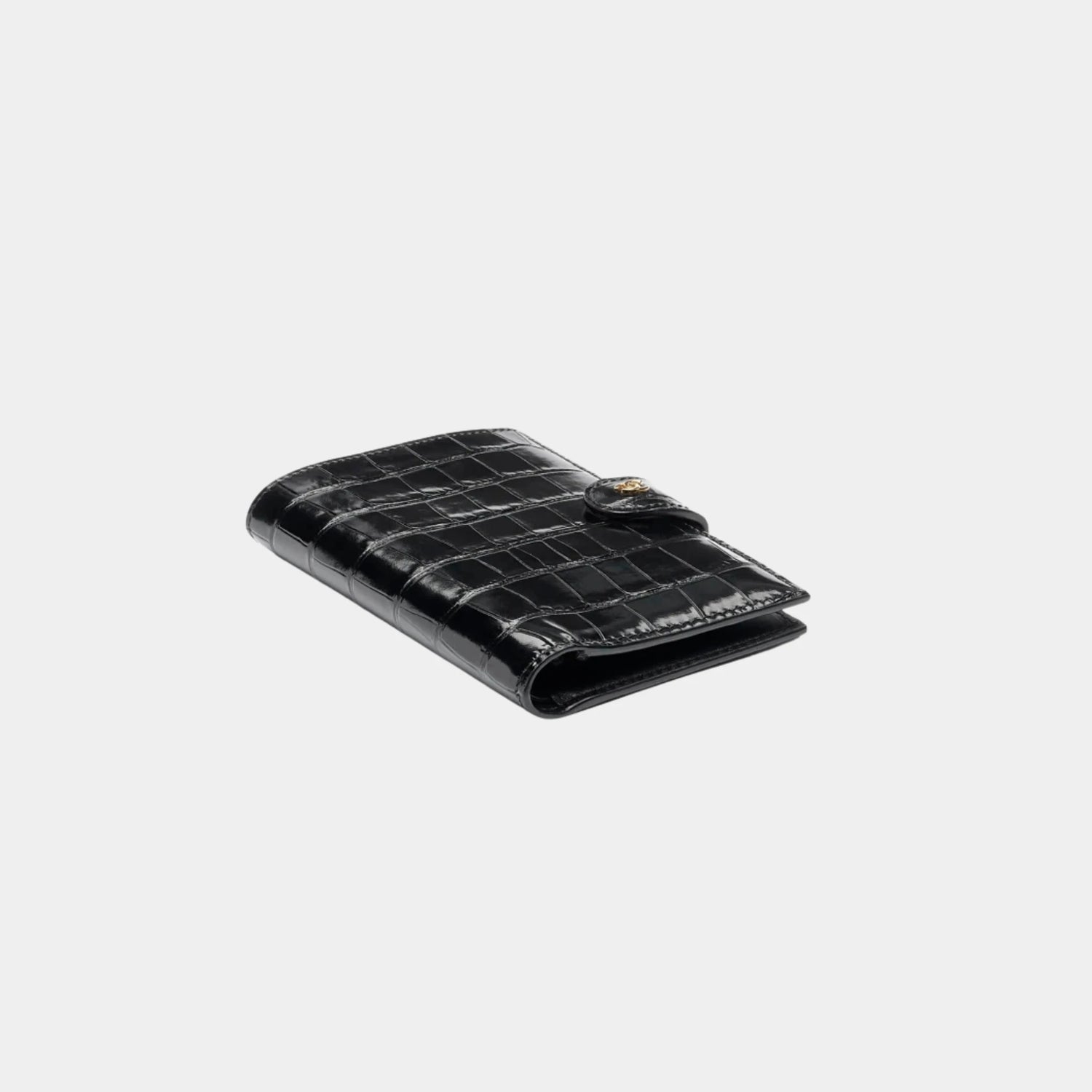 Chanel Passport Holder Crocodile Embossed Calfskin &amp; Gold-Tone Metal, Black, Top