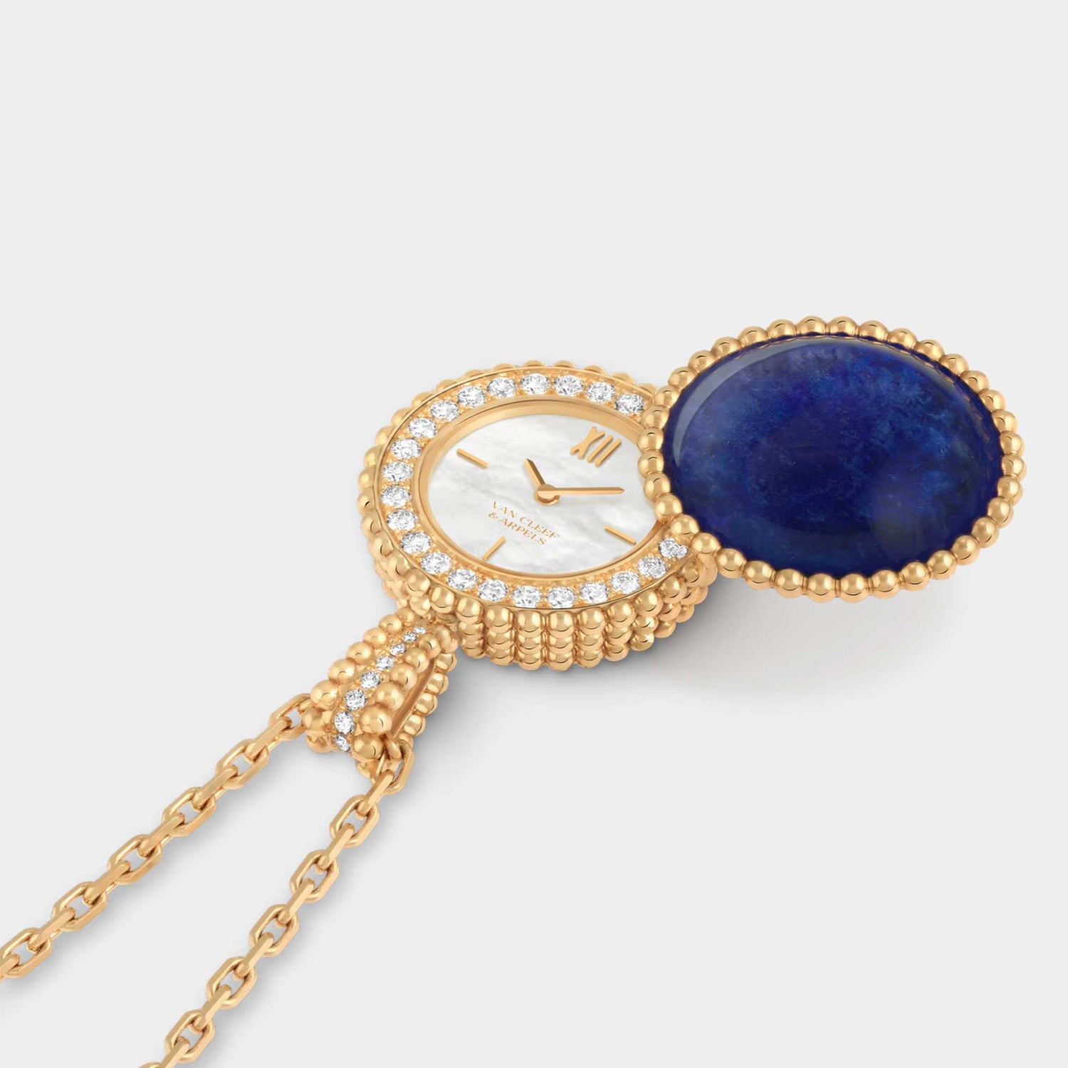 Perlée Secret Pendant Watch Yellow Gold Diamond With Pearl Sodalite, Front, Opened