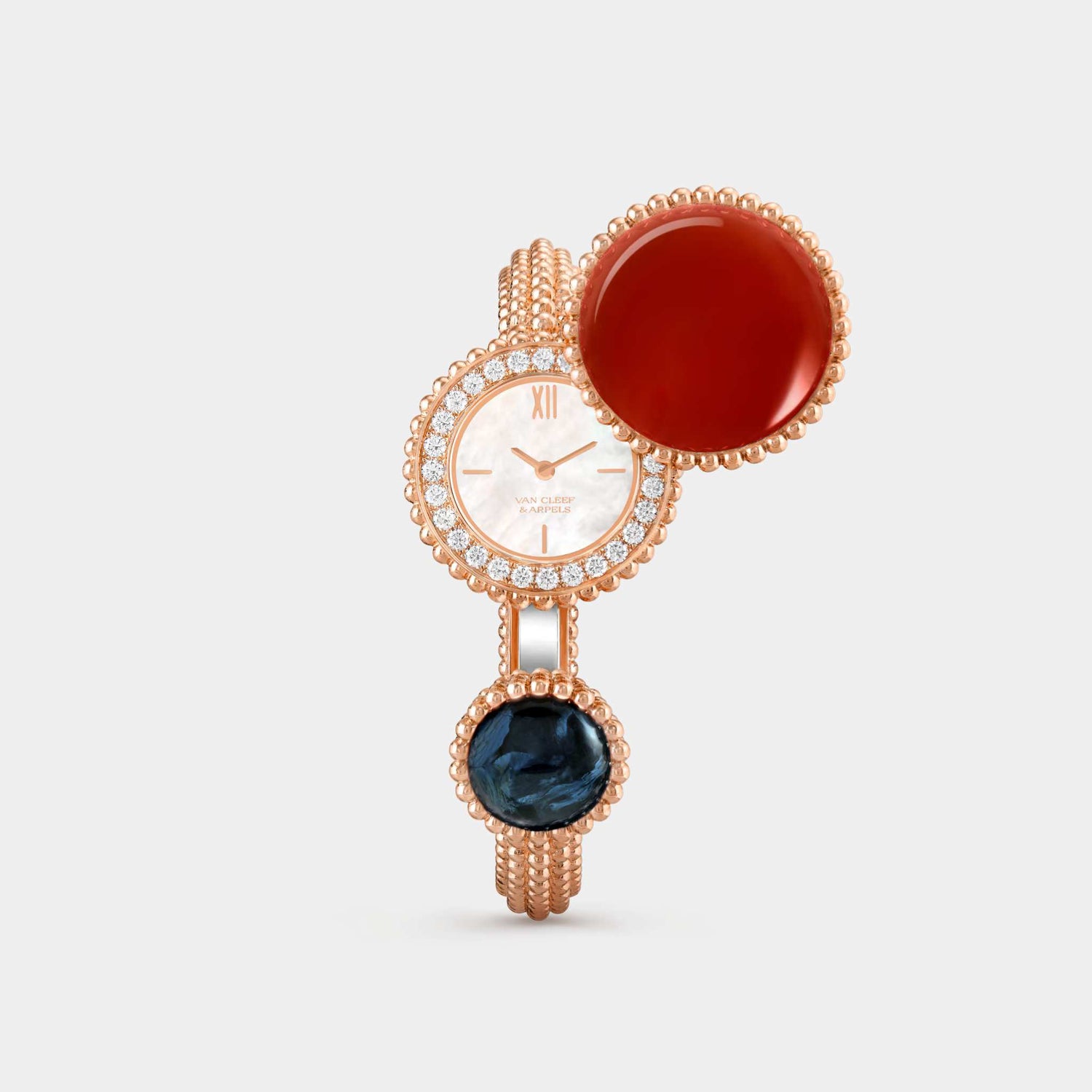 Perlée Toi &amp; Moi secret watch Medium Model Rose Gold Carnelian Diamond Pearl Pietersite, Front, Opened, Face